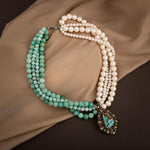 İnci-Amazonit Doğal Taş El İşlemesi Koleksiyon Turkuaz Kolye - 45cm