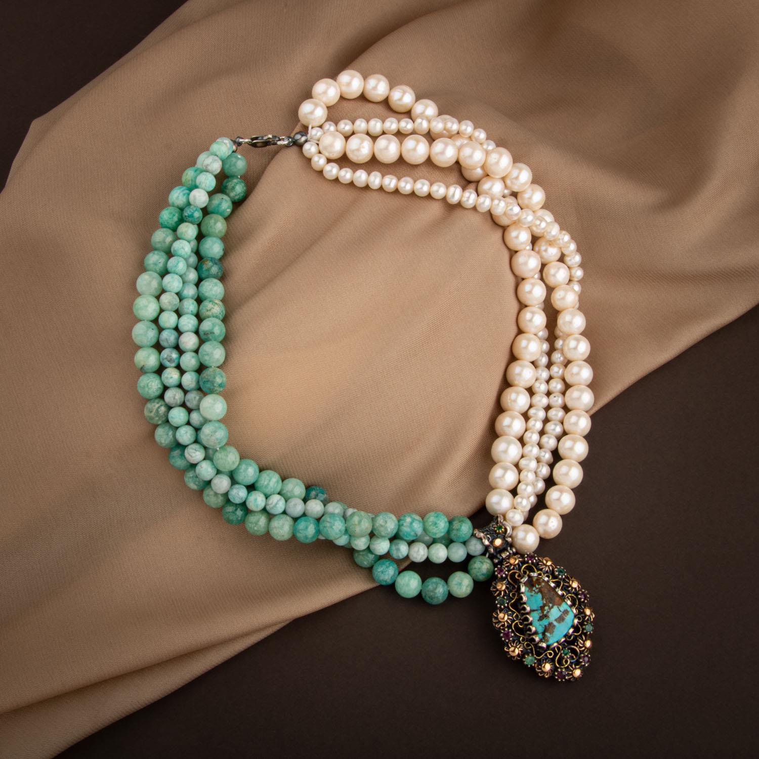 İnci-Amazonit Doğal Taş El İşlemesi Koleksiyon Turkuaz Kolye - 45cm