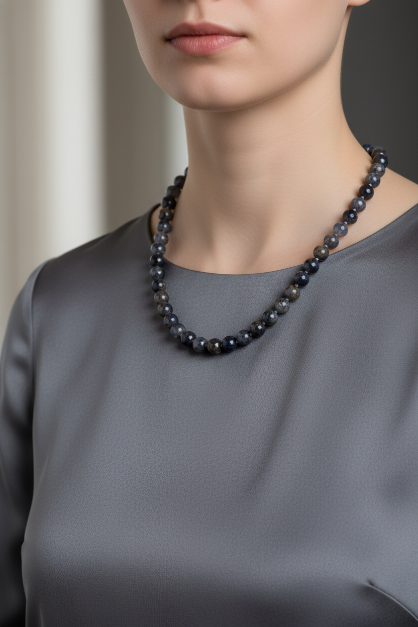 İyolit Doğal Taş Kolye – 8 mm Düğümlü, Unisex Tasarım