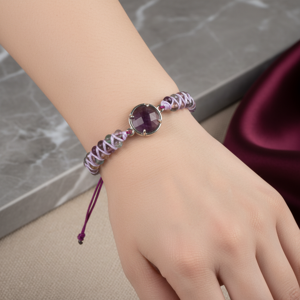 Mor Florit – Ametist Doğal Taş Makrome Bileklik – Özel Tasarım