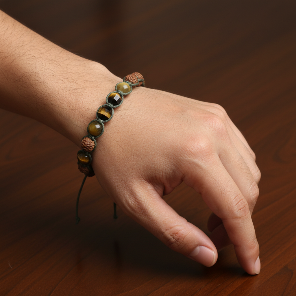 Kaplan Gözü ve Rudraksha Doğal Taş Bileklik – Unisex Şık Tasarım