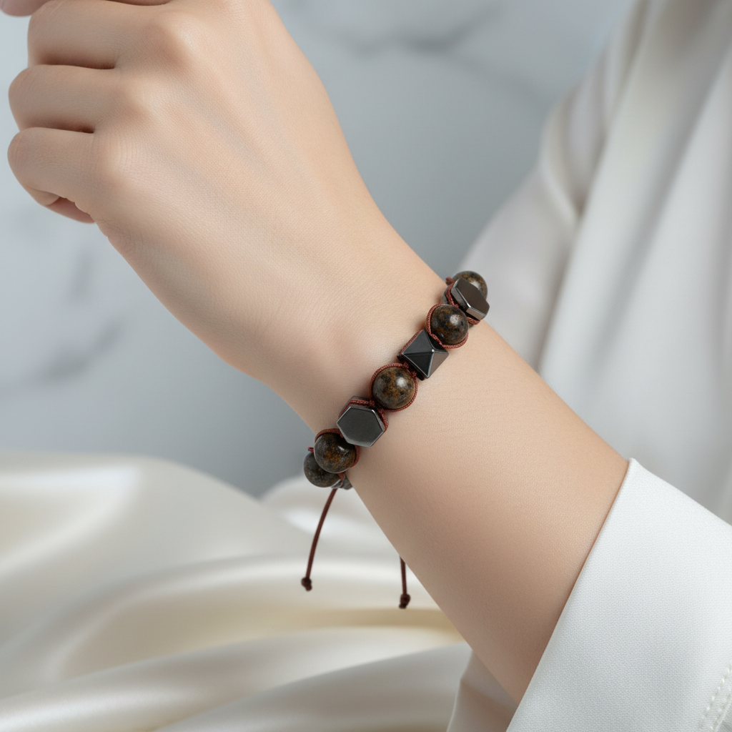 Bronzit ve Hematit Doğal Taş Bileklik – Unisex Şık Tasarım