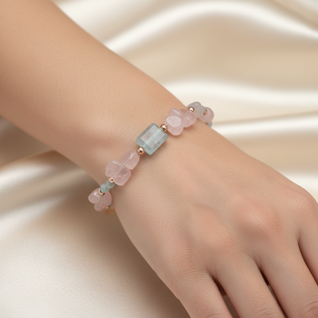 Pembe Kuvars & Akuamarin Doğal Taş Bileklik – Özel Tasarım