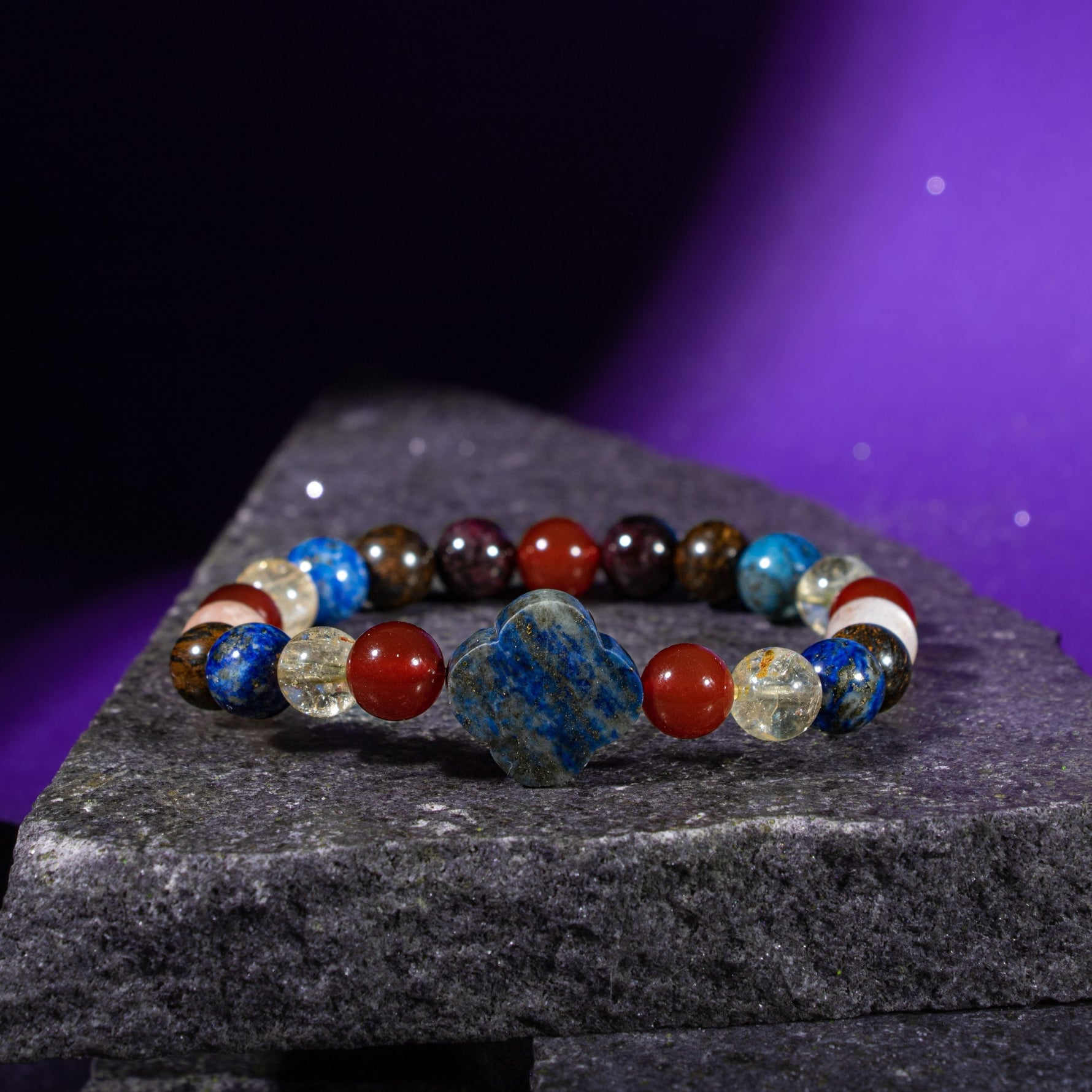 Aslan Burcu Bileklik Bordo Granat Lal, Bronzit, Güneş Taşı, Kırmızı Akik, Lapis Lazuli, Sitrin