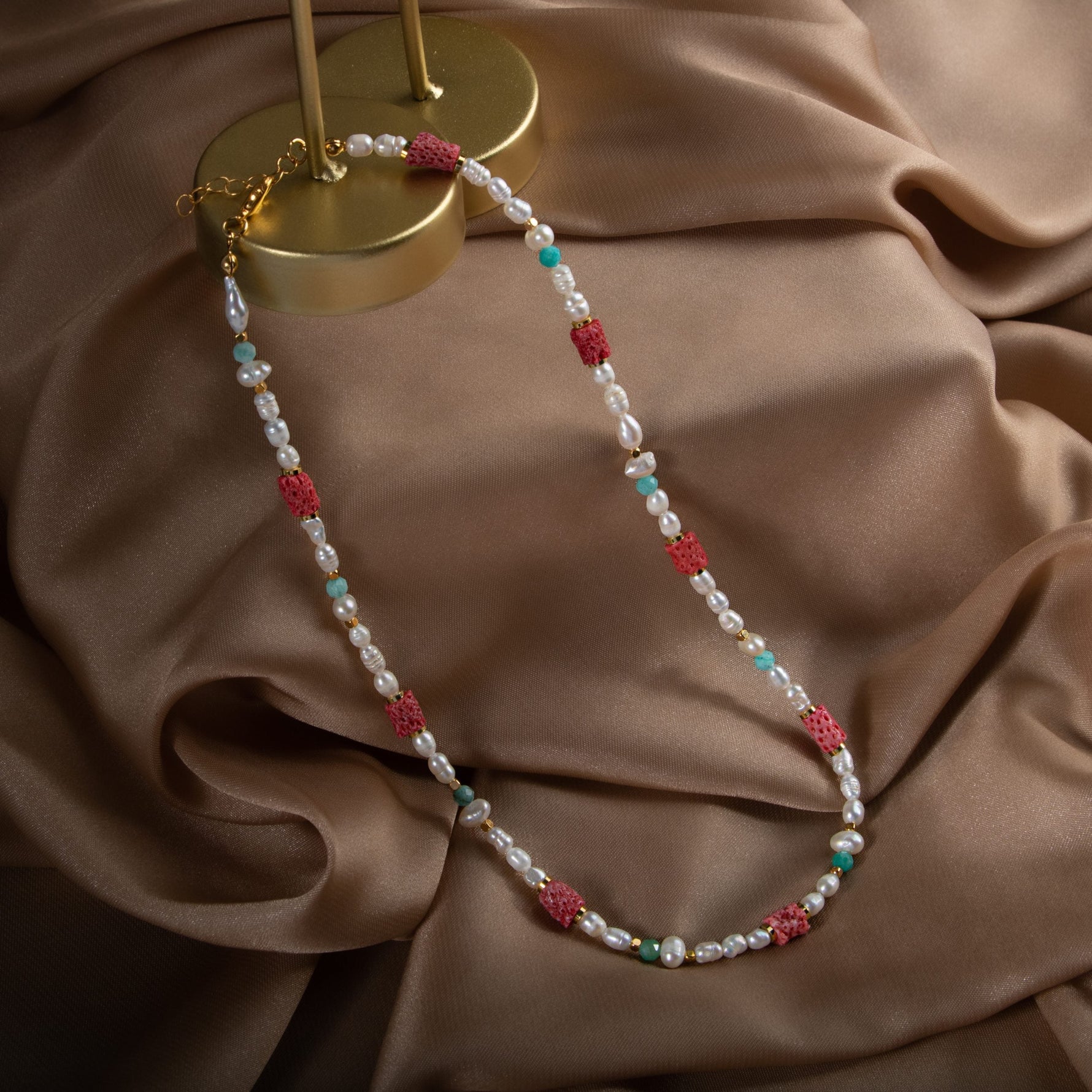 İnci-Fosil Mercan-Amazonit Doğal Taş Altın Kaplama Kapama Kolye