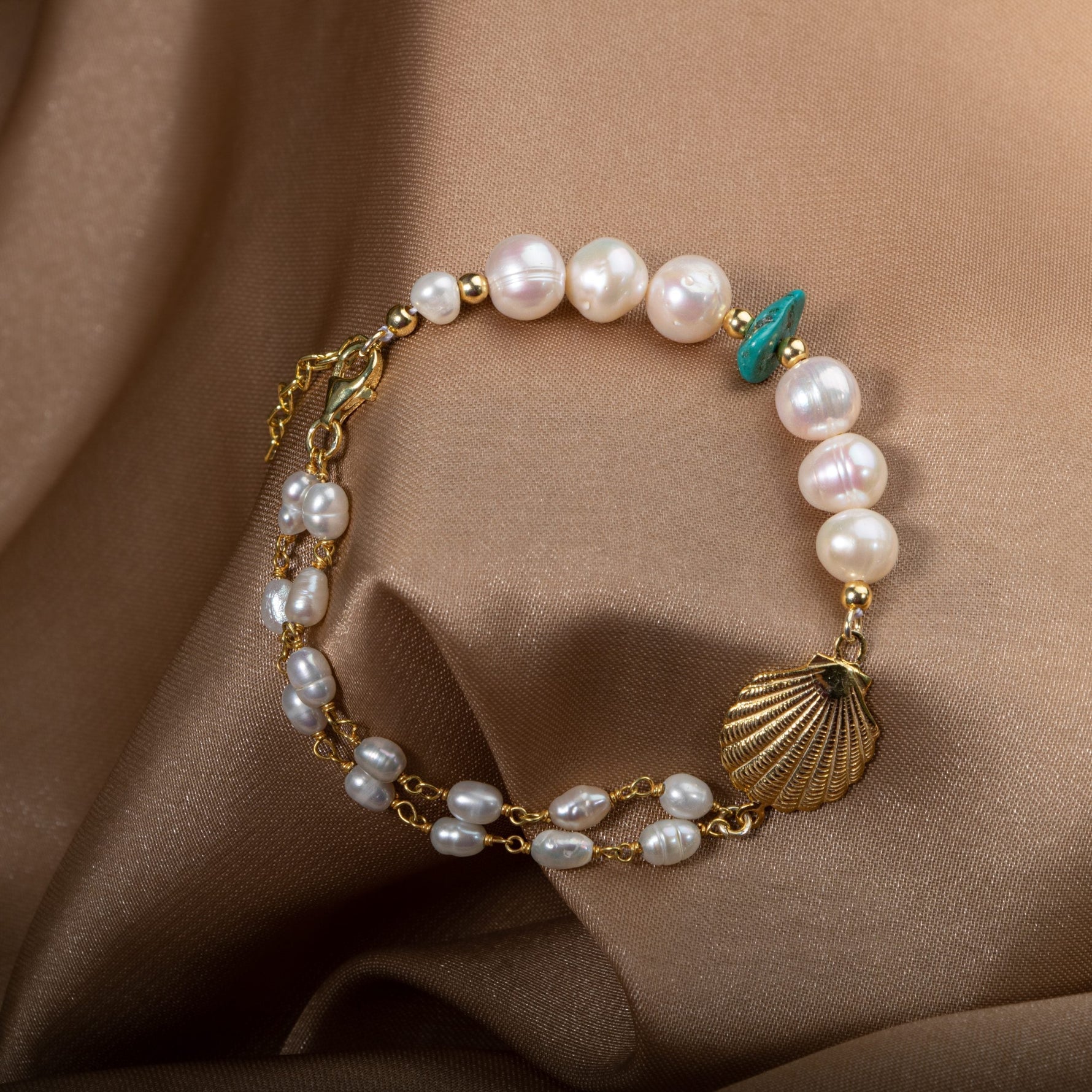 İnci-Turkuaz Doğal Taş Gümüş Midye Bileklik