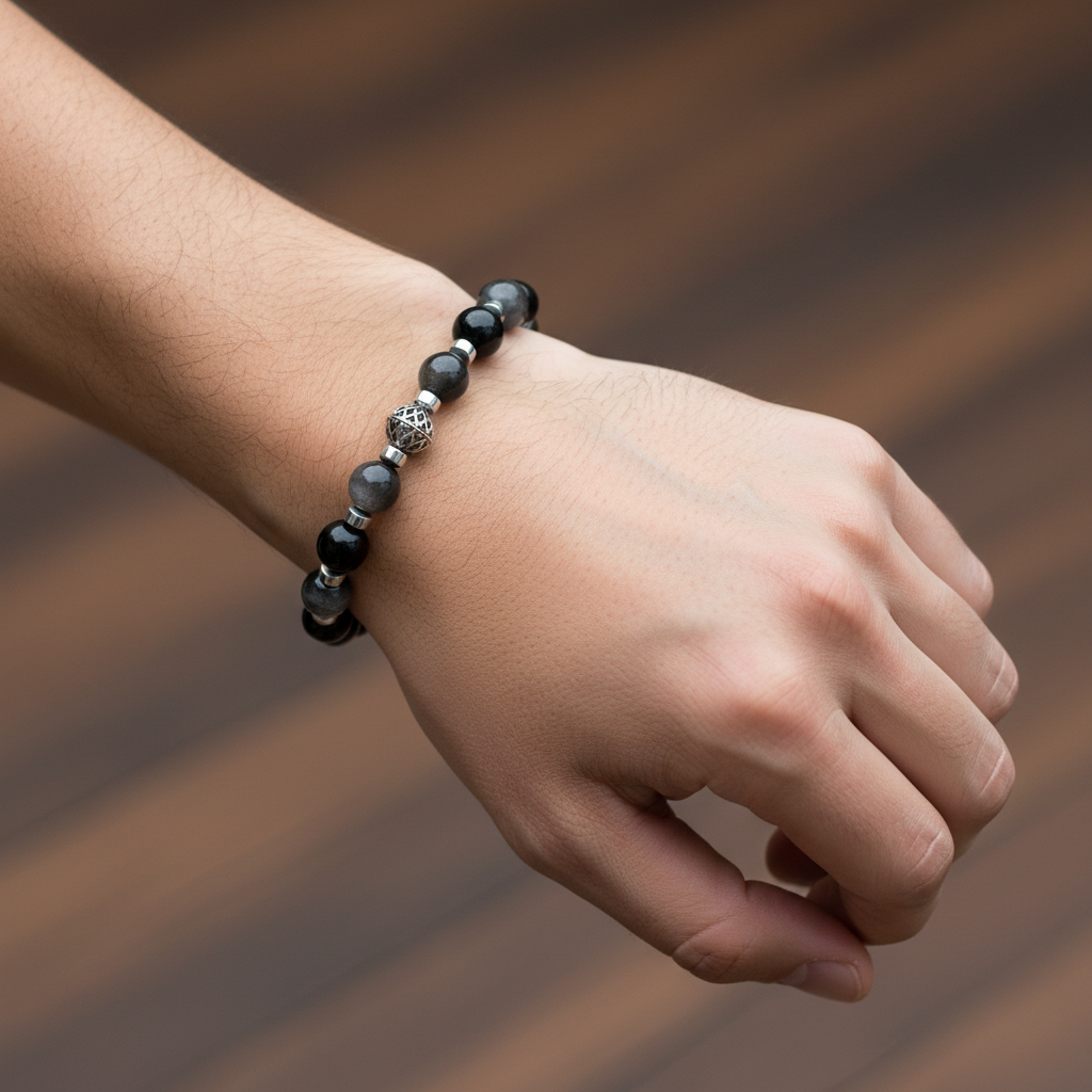 Silver Obsidyen ve Hematit Doğal Taş Bileklik – Gümüş Aparatlı Şık Tasarım
