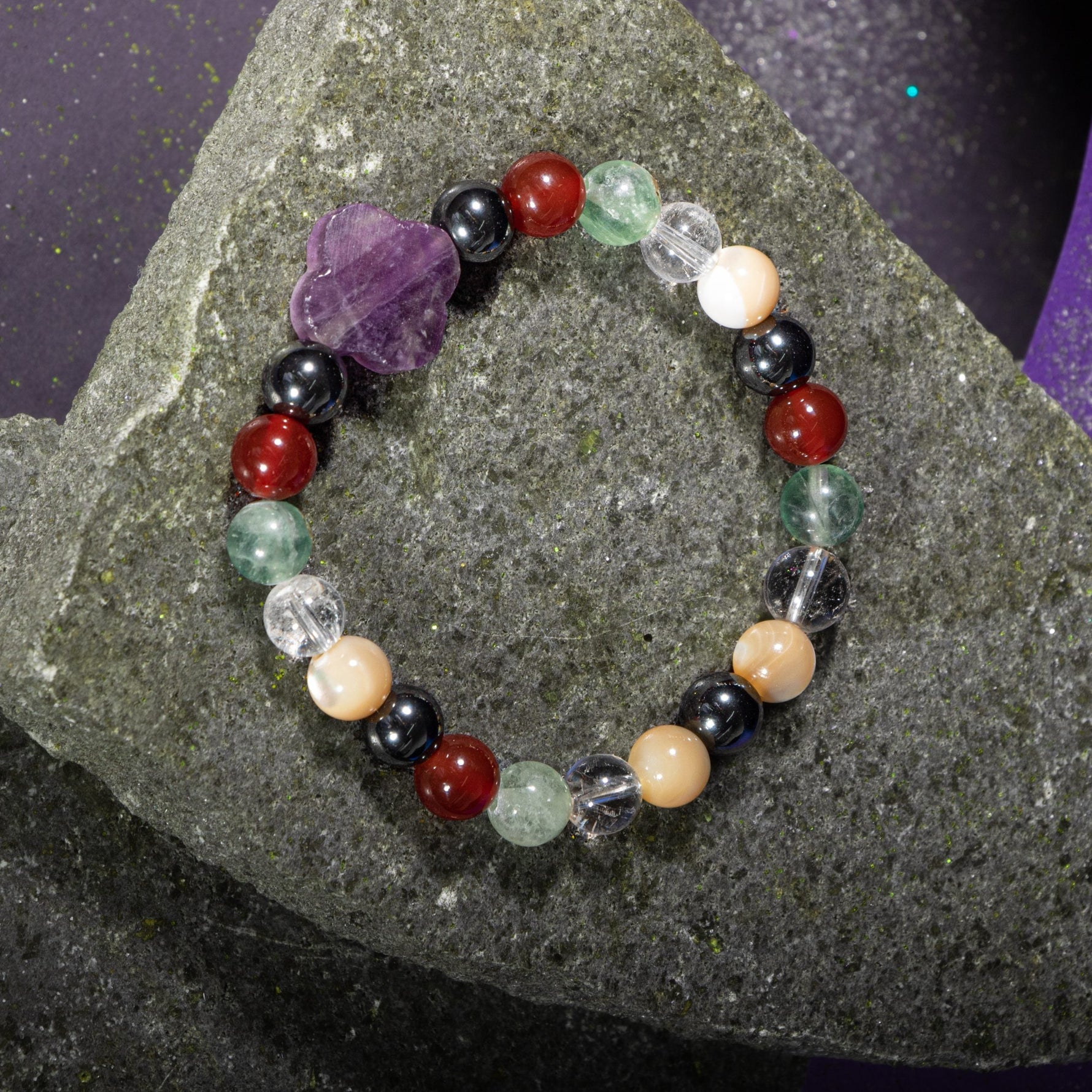 Kova Burcu Bileklik Ametist, Hematit, Kırmızı Akik, Kristal Kuvars, Sedef, Yeşil Florit