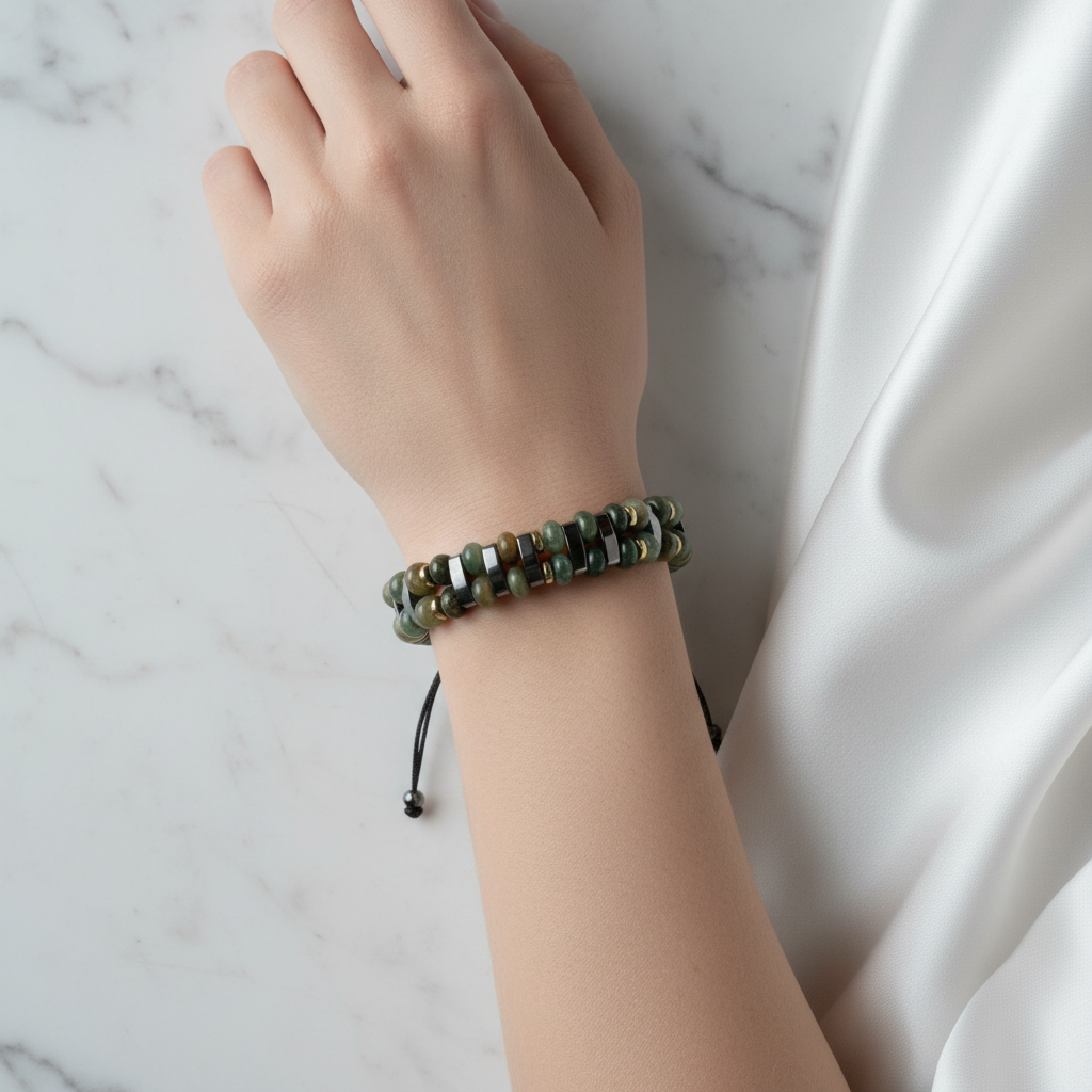 Hint Akiği ve Hematit Doğal Taş Bileklik – Unisex Şık Tasarım