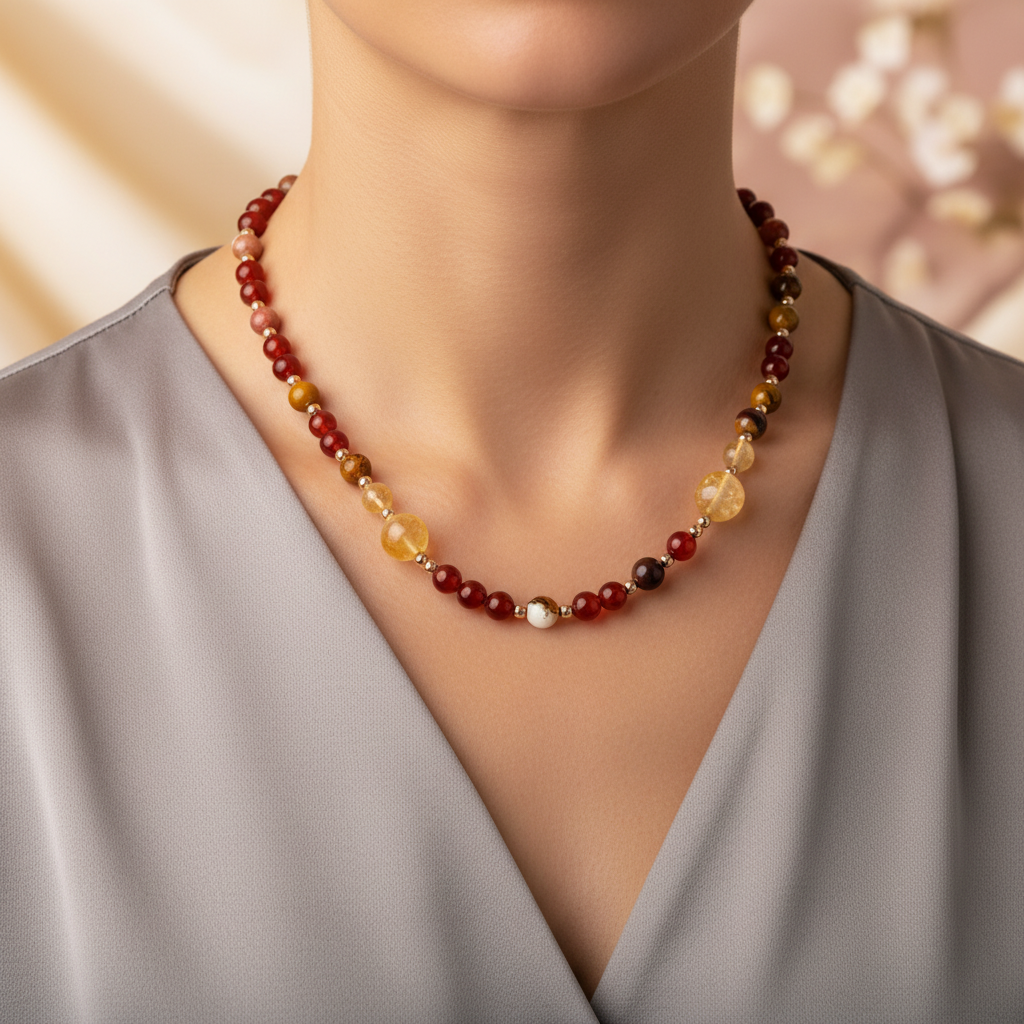 Kırmızı Akik, Sitrin, Jasper & Hematit Doğal Taş 925 Ayar Gümüş Kolye – Özel Tasarım