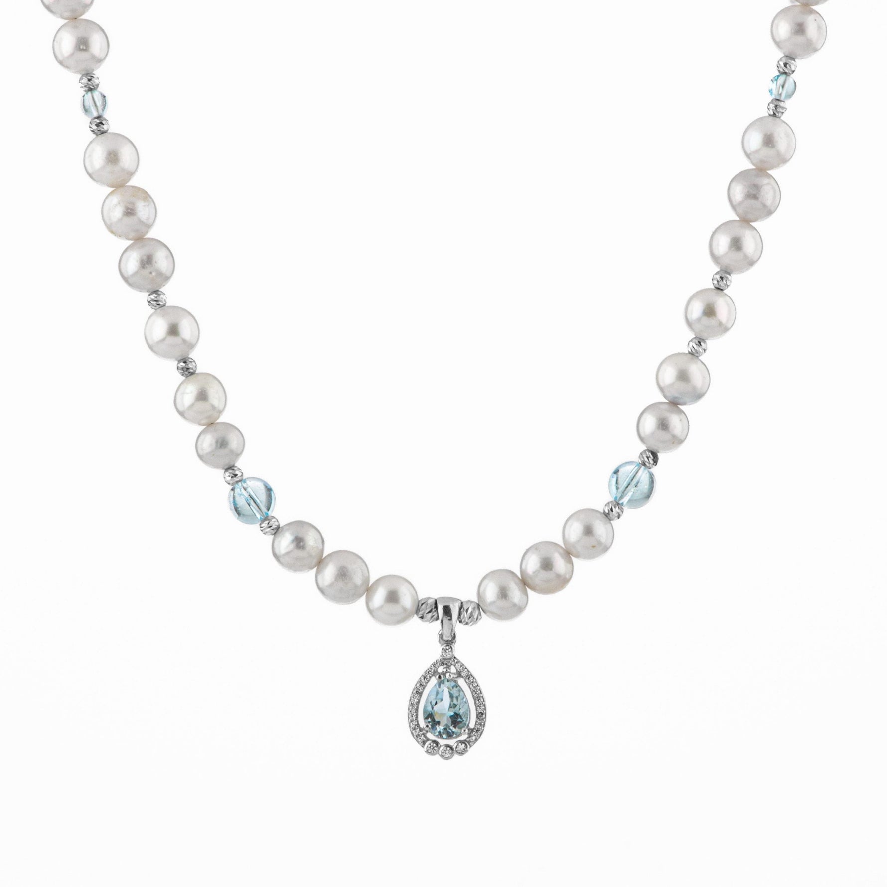 Topaz Gümüş Uç-Topaz-İnci Doğal Taş Gümüş Kolye - 54cm