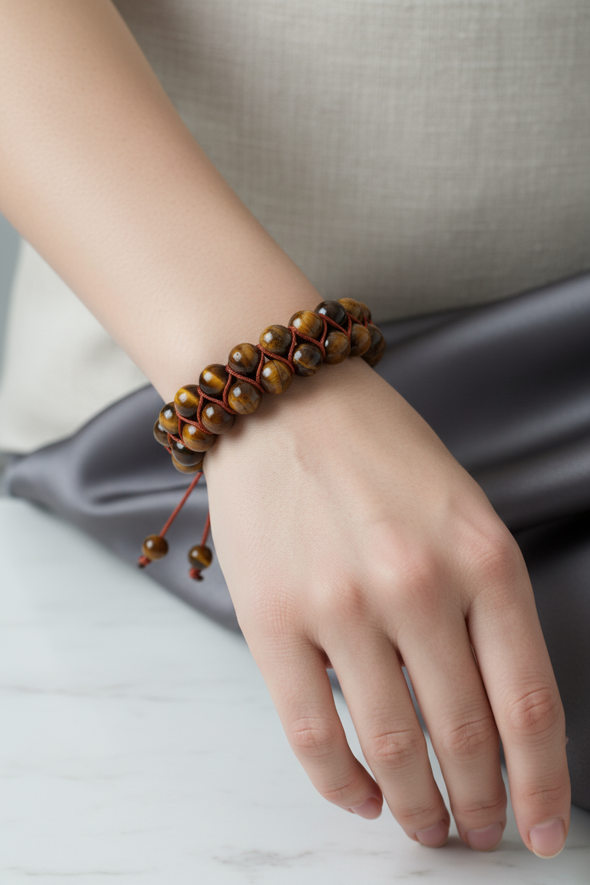 Kaplan Gözü 8mm Çift Sıra Makrome Doğal Taş Bileklik