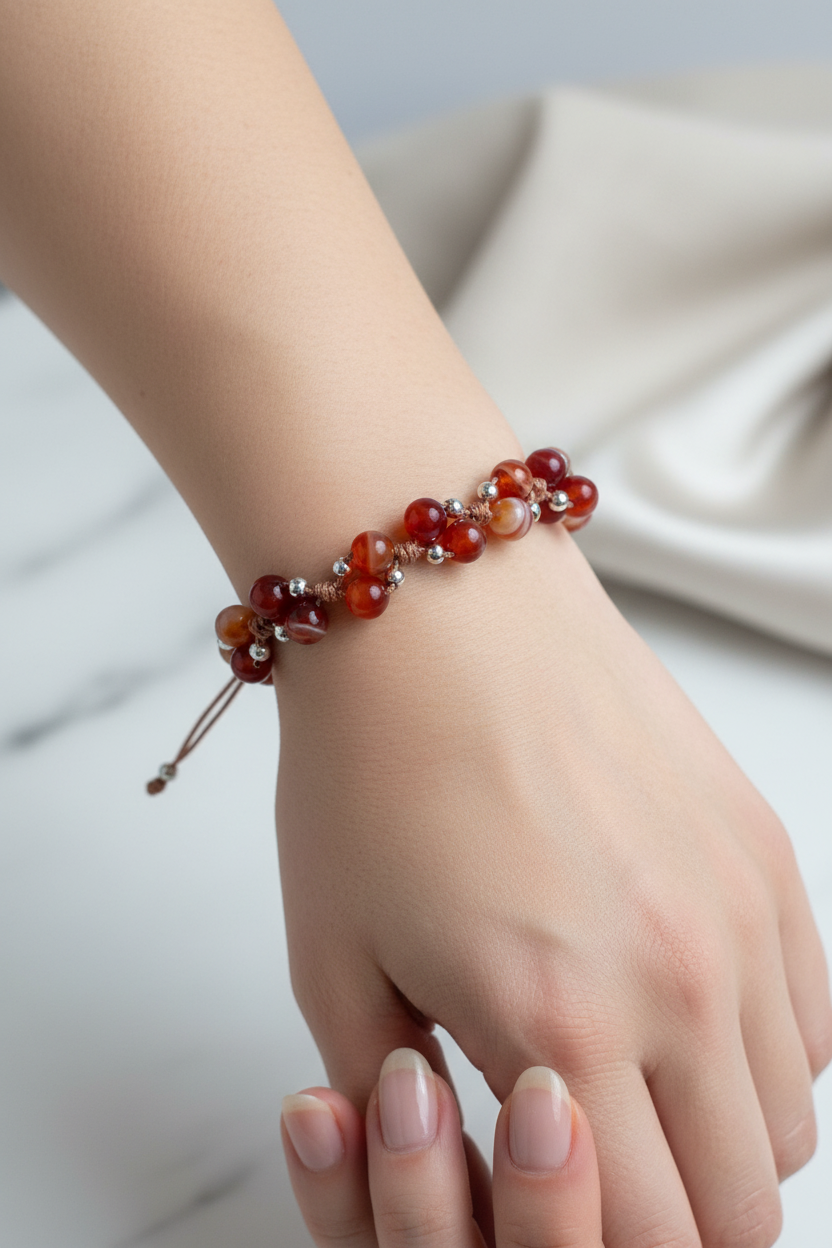 Karnelyan Akik Doğal Taş Merdiven Kapama Bileklik – Ayarlanabilir İpli Tasarım