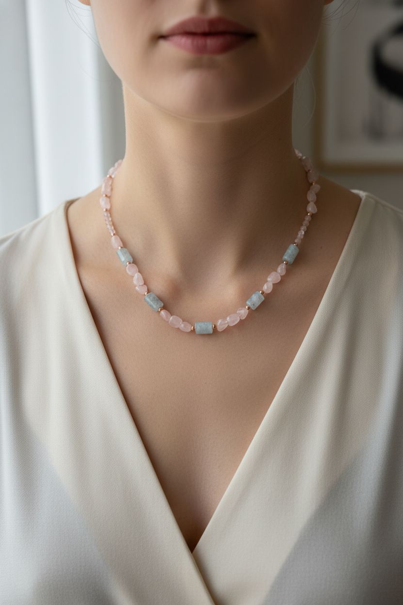 Pembe Kuvars & Akuamarin Doğal Taş Kolye – Özel Tasarım