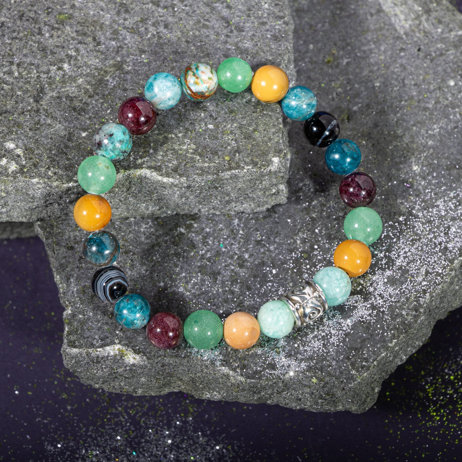 Başak Burcu Bileklik Amazonit, Bordo Granat Lal, Jasper, Krizokol, Mavi Apatit, Siyah Göz Akik, Yeşil Aventurin