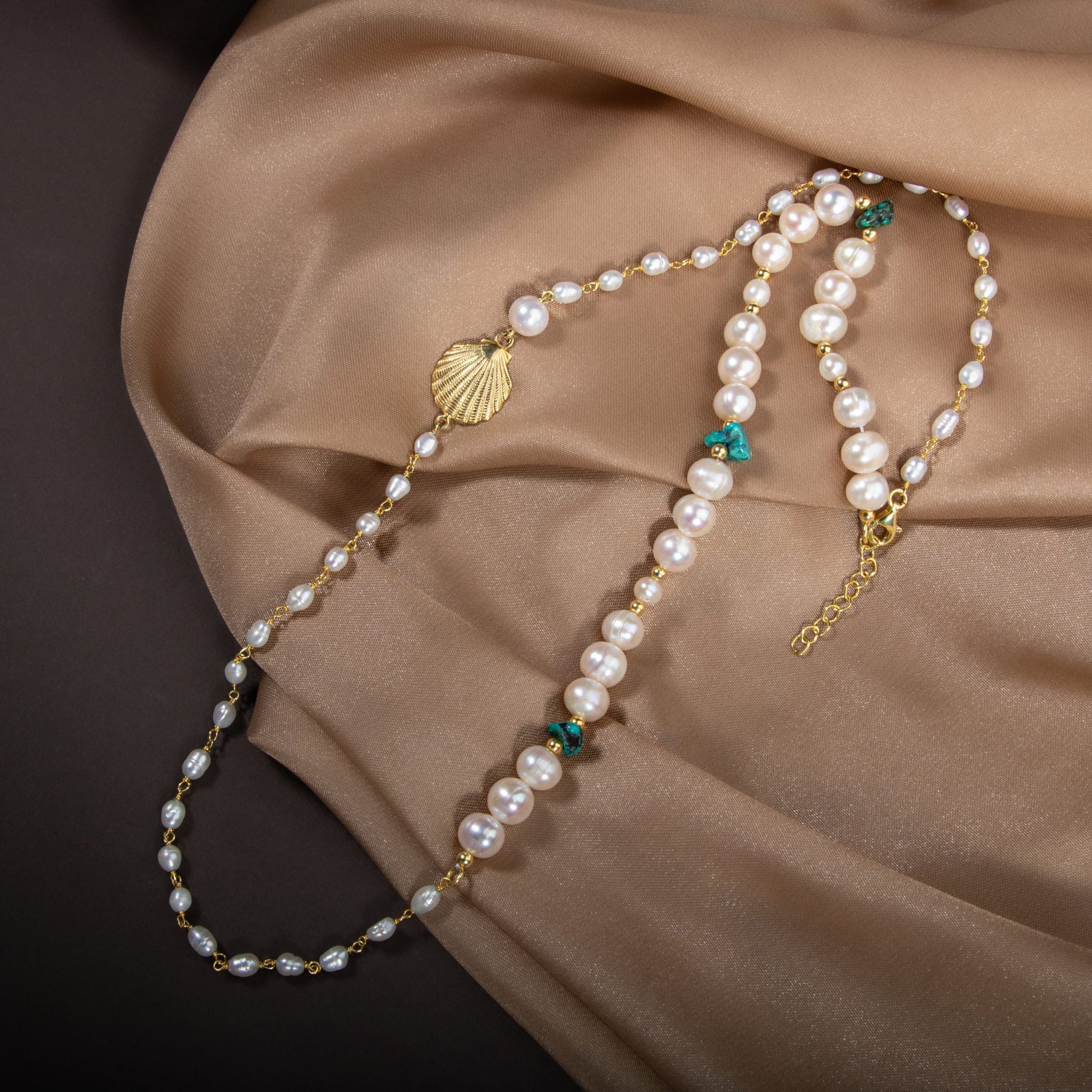 İnci-Turkuaz Doğal Taş Gümüş Midye Kolye