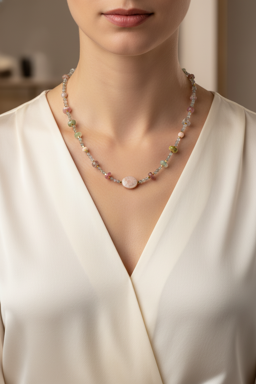 Labradorit, Renkli Turmalin, Güneş Taşı & Pembe Opal Doğal Taş Kolye – Özel Tasarım