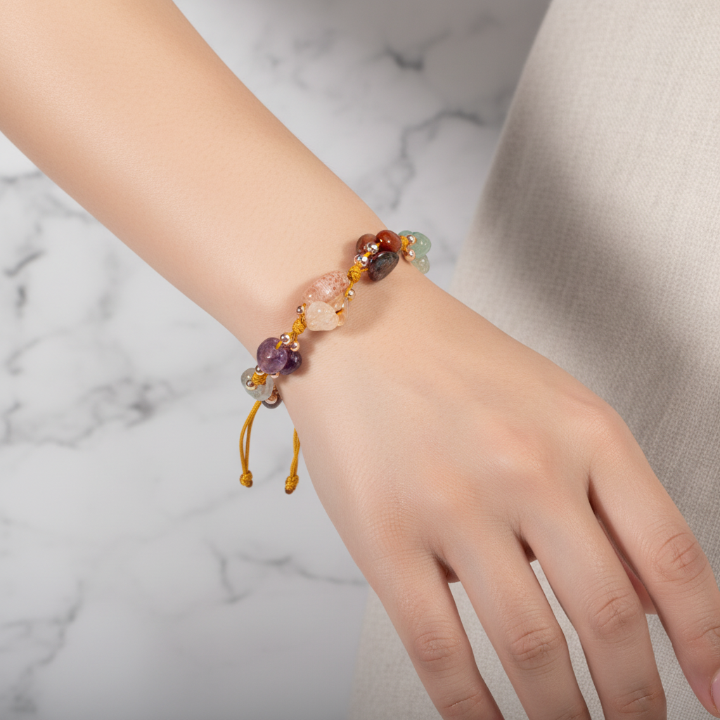 Koç Burcu Doğal Taş Makrome Bileklik – Ametist, Bordo Granat Lal, Güneş Taşı, Jasper, Pembe Kuvars, Sitrin, Yeşil Aventurin – Özel Tasarım