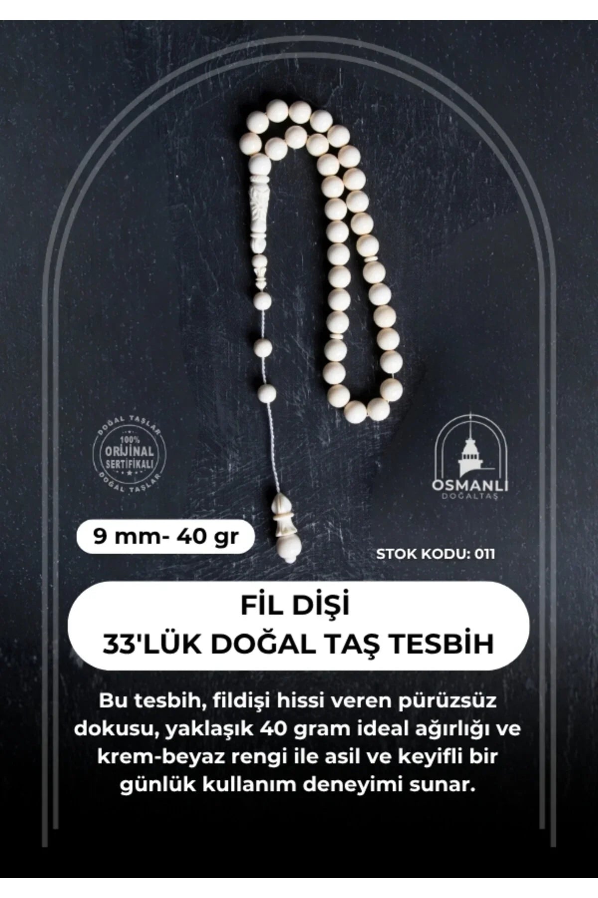 Sertifikalı Fil Dişi 33'lük 9 mm Doğal Taş Tesbih