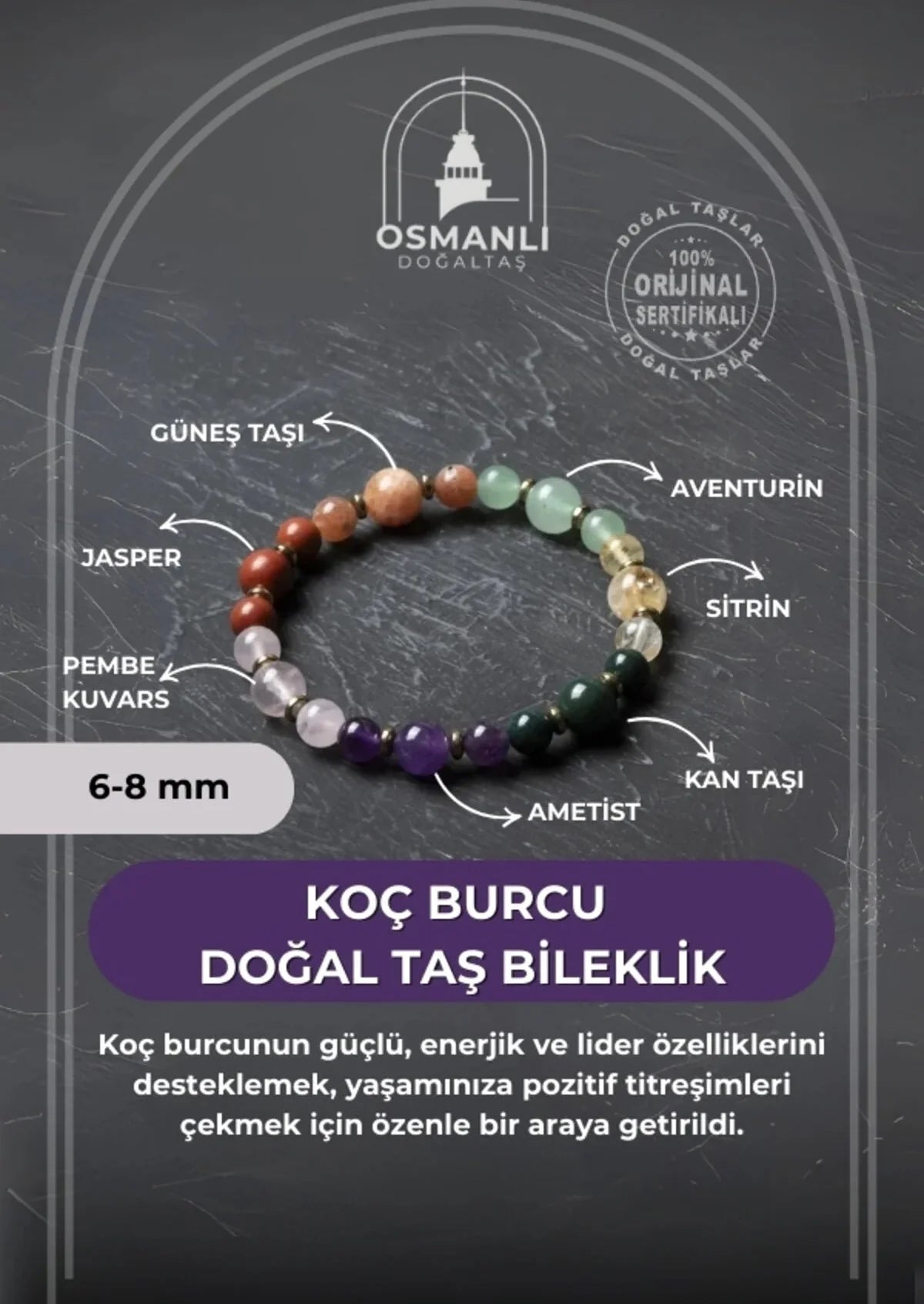 Doğal Taş Sertifikalı Koç Burcu Doğal Taş Bileklik