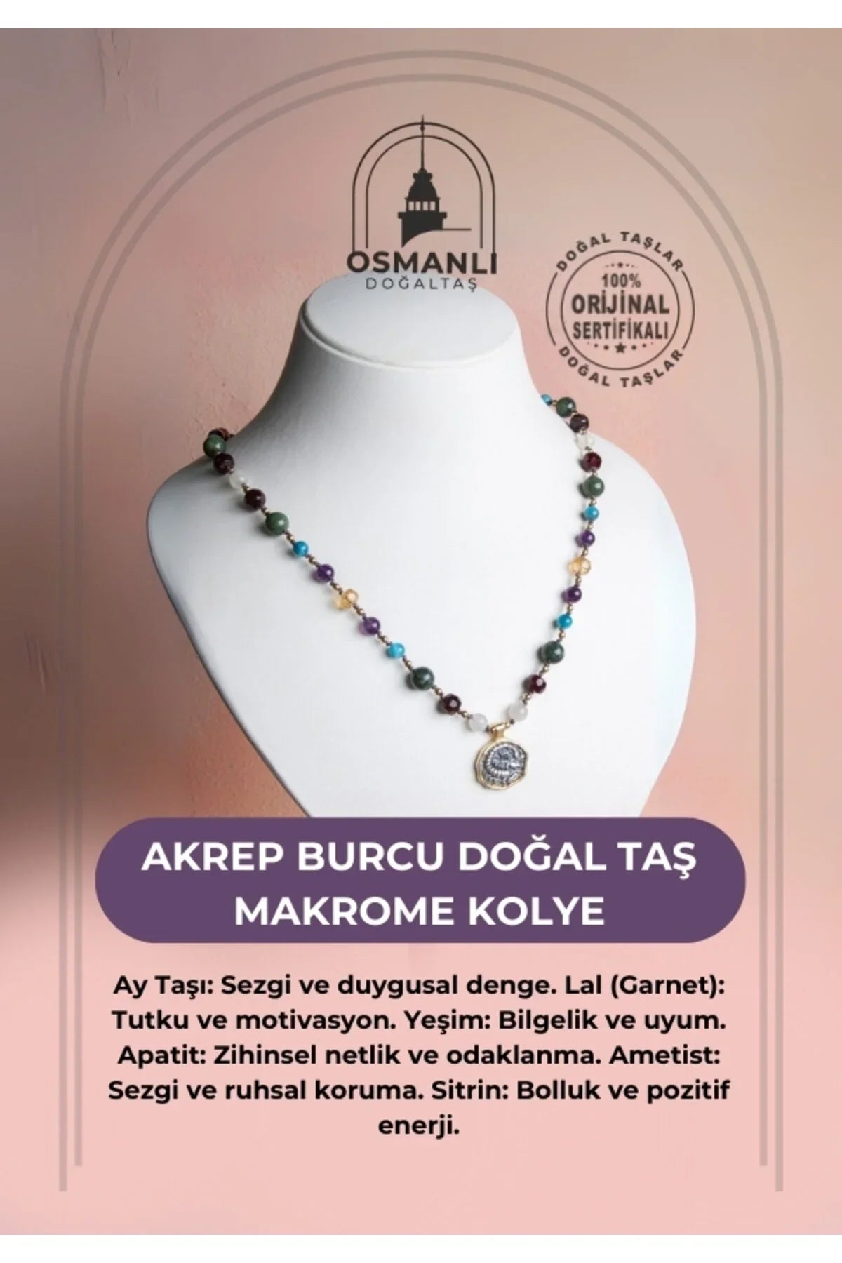 Sertifikalı Akrep Burcu Doğal Taş Makrome Kolye
