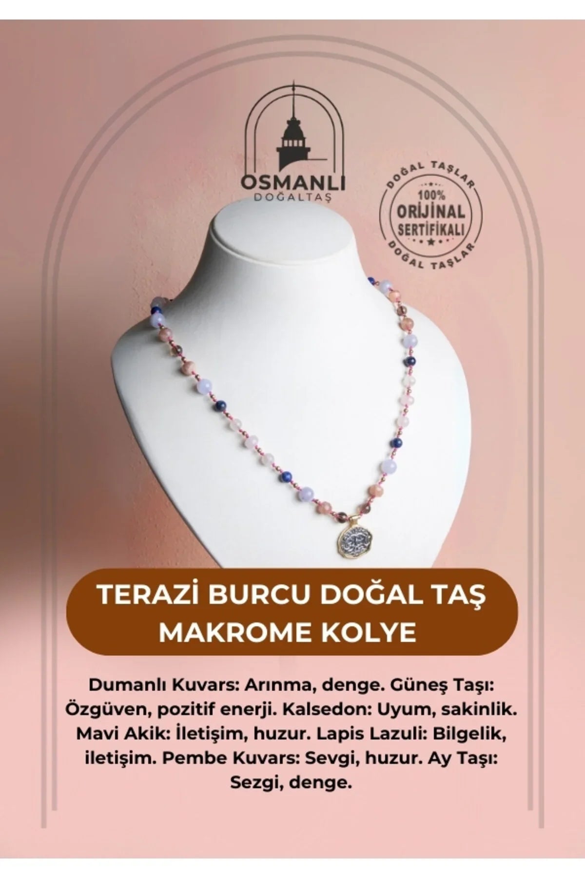 Sertifikalı Terazi Burcu Doğal Taş Makrome Kolye