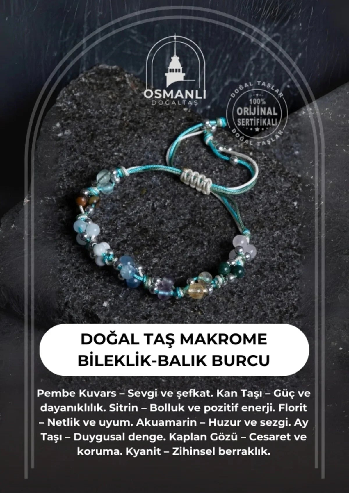 Sertifikalı Doğal Taş Makrome Bileklik-Balık Burcu