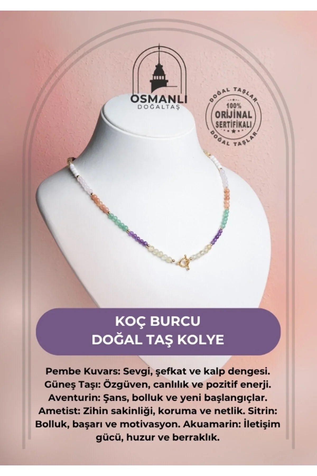 Sertifikalı Koç Burcu Doğal Taş Kolye