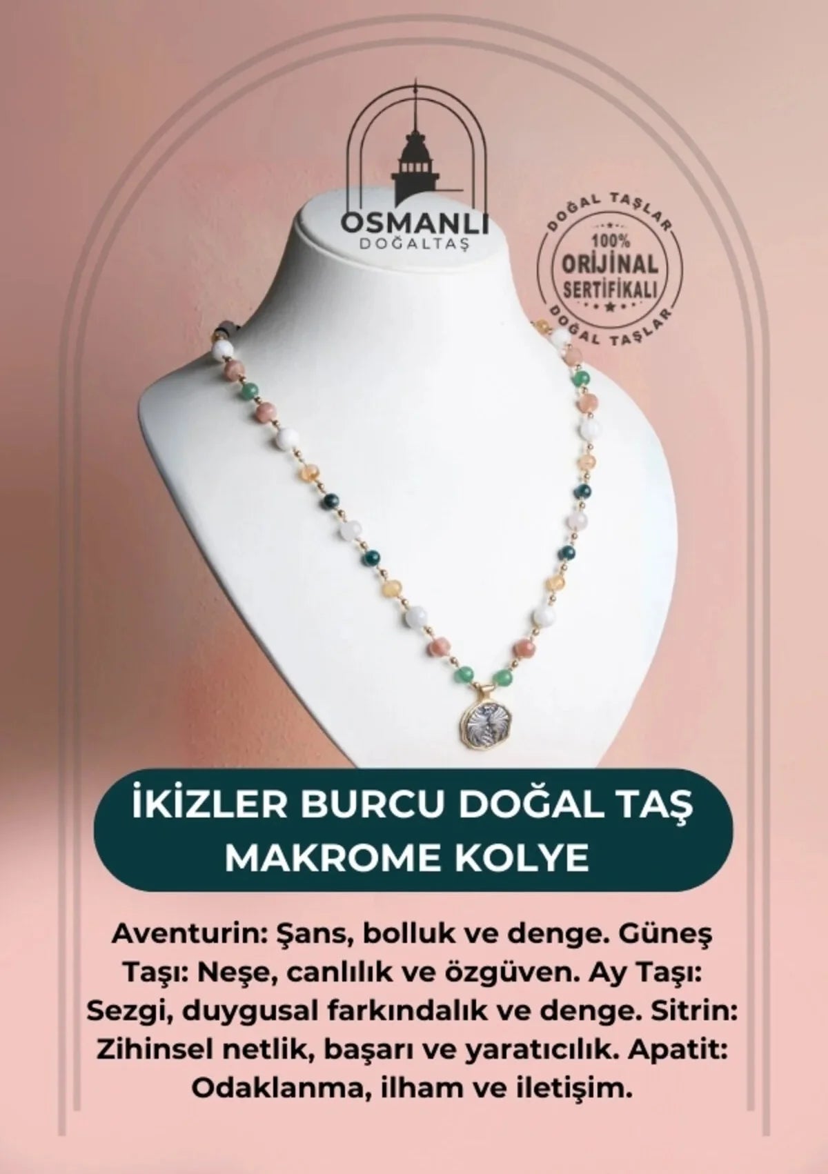 Sertifikalı İkizler Burcu Doğal Taş Makrome Kolye