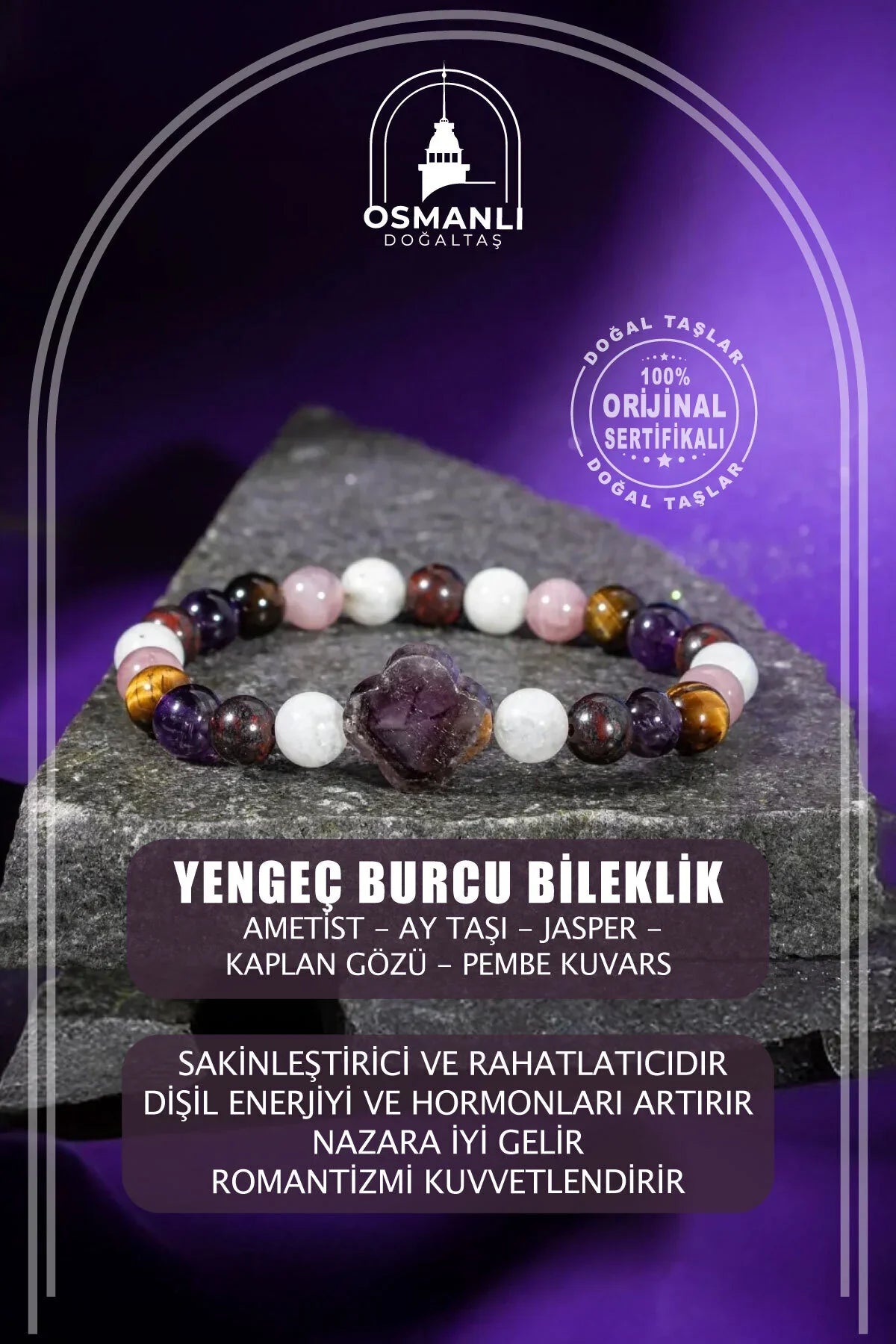 Yengeç Burcu Bileklik Ametist, Ay Taşı, Jasper, Kaplan Gözü, Pembe Kuvars