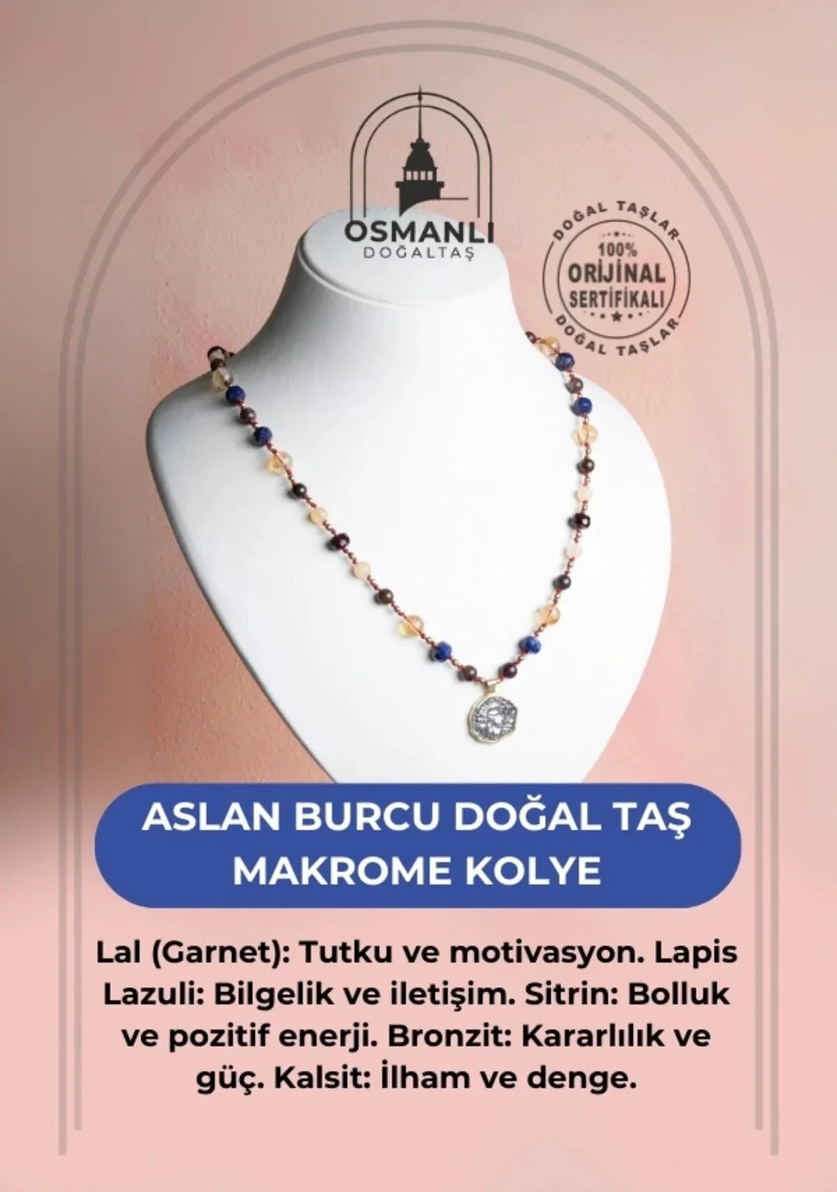 Sertifikalı Aslan Burcu Doğal Taş Makrome Kolye