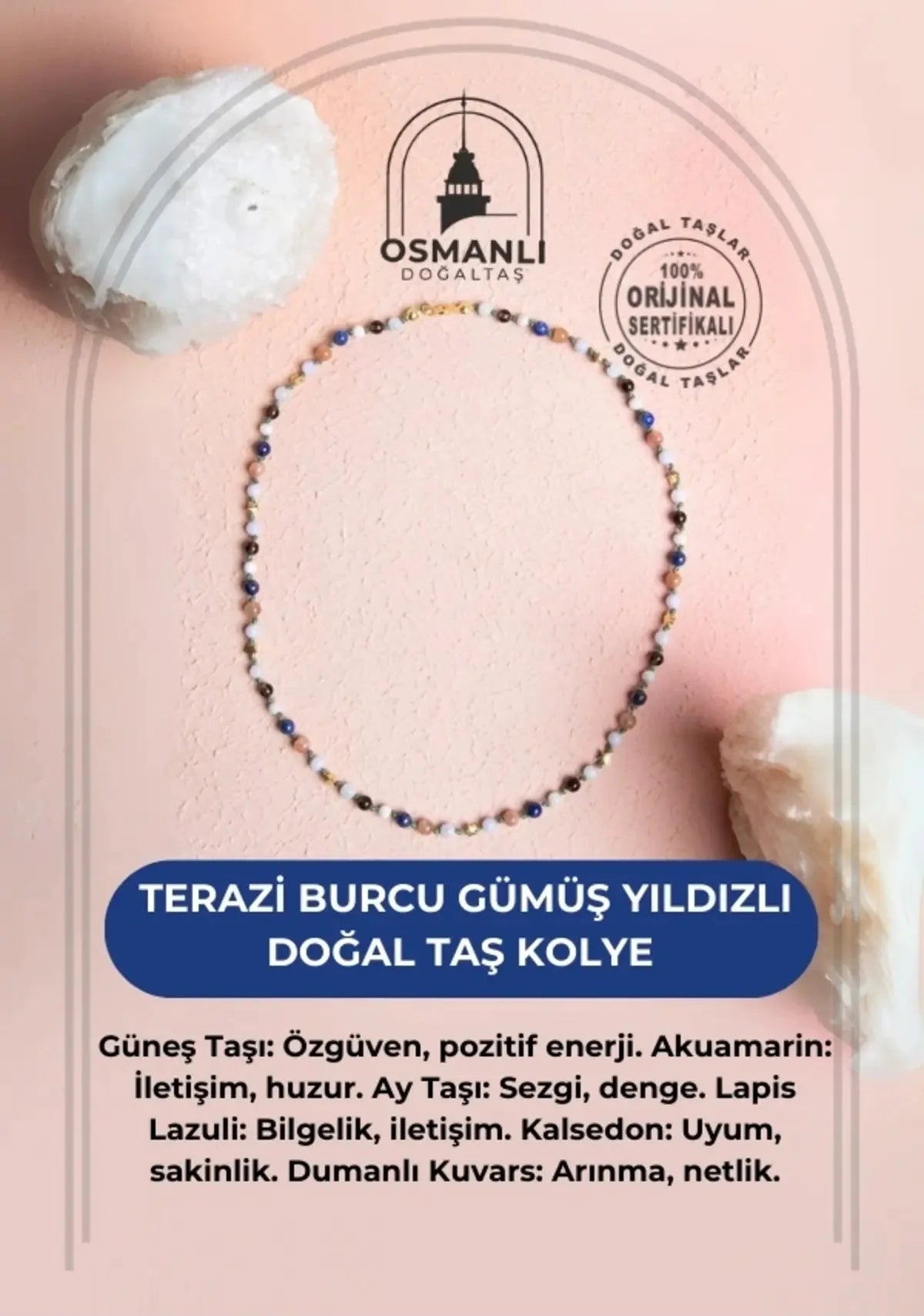 Sertifikalı Terazi Burcu Gümüş Yıldızlı Doğal Taş Kolye