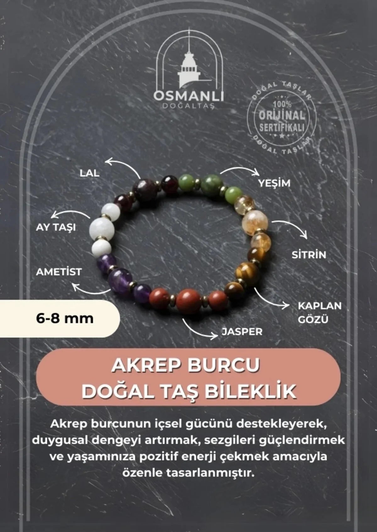 Doğal Taş Sertifikalı Akrep Burcu Doğal Taş Bileklik