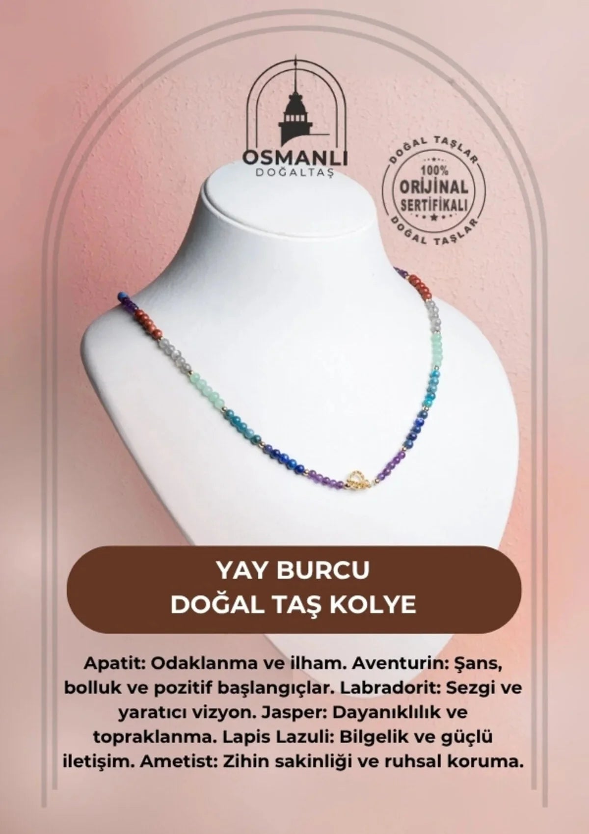 Sertifikalı Yay Burcu Doğal Taş Kolye