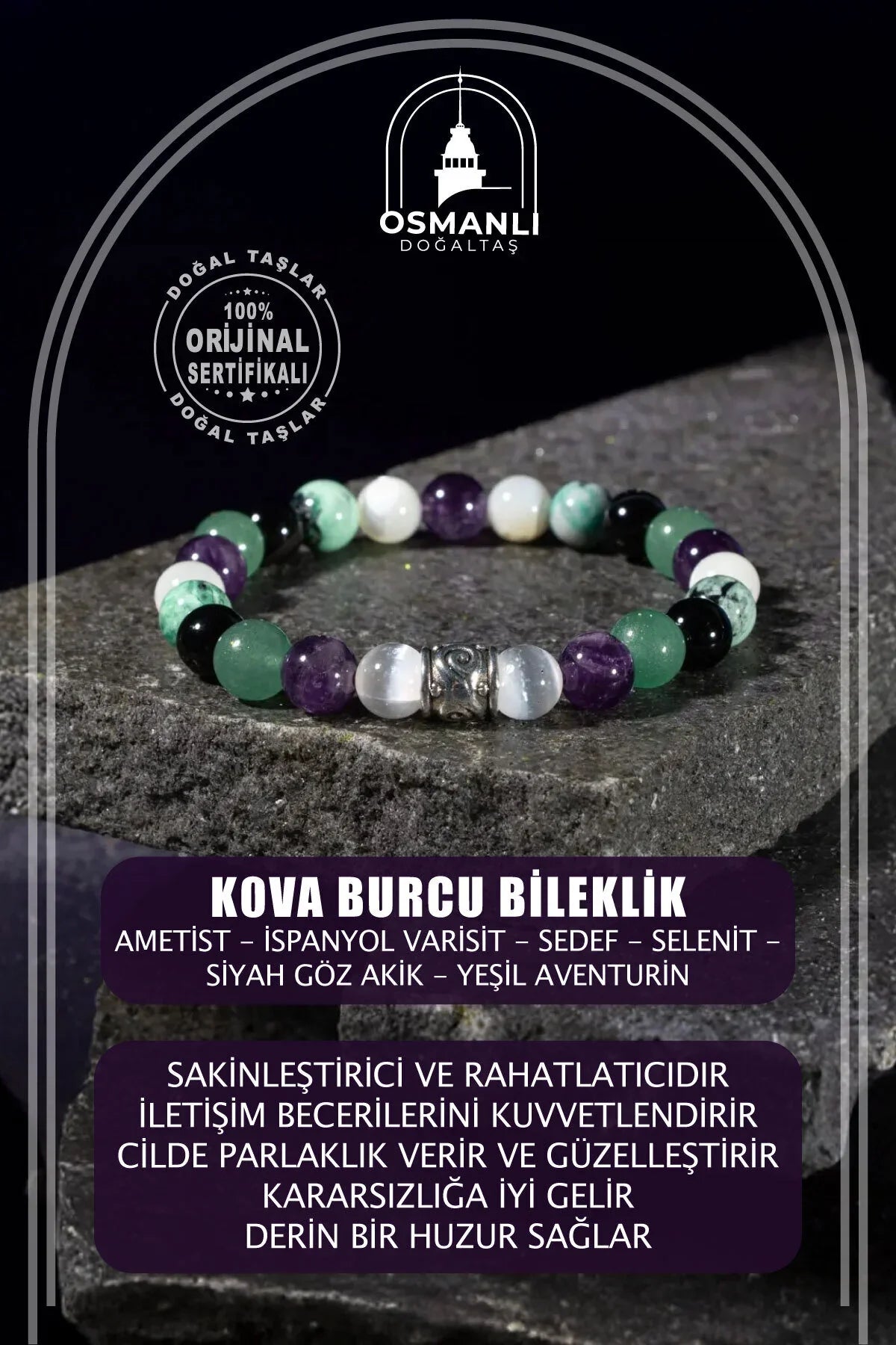 Kova Burcu Bileklik Ametist, İspanyol Varisit, Sedef, Selenit, Siyah Göz Akik, Yeşil Aventurin
