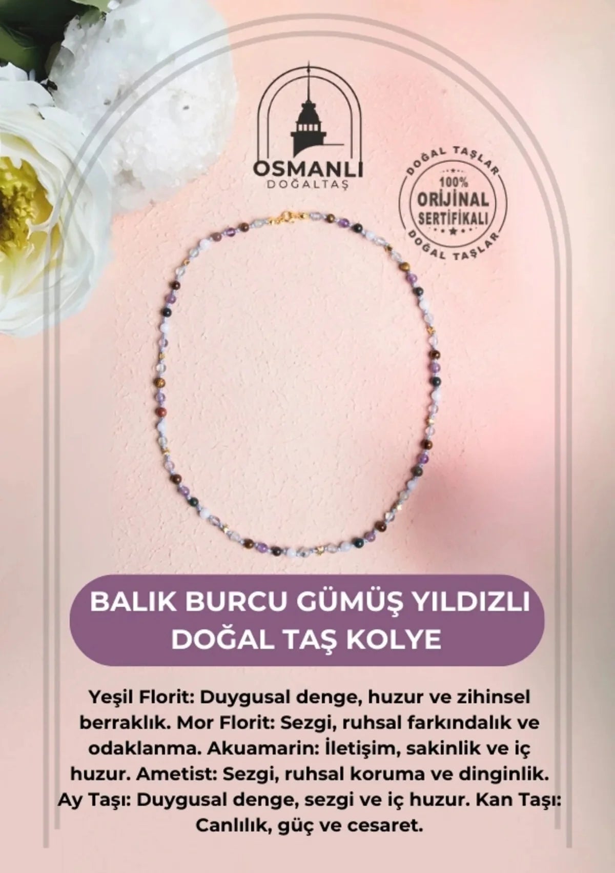 Sertifikalı Balık Burcu Gümüş Yıldızlı Doğal Taş Kolye