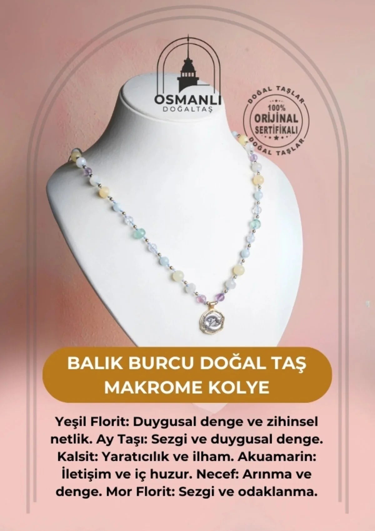 Sertifikalı Balık Burcu Doğal Taş Makrome Kolye