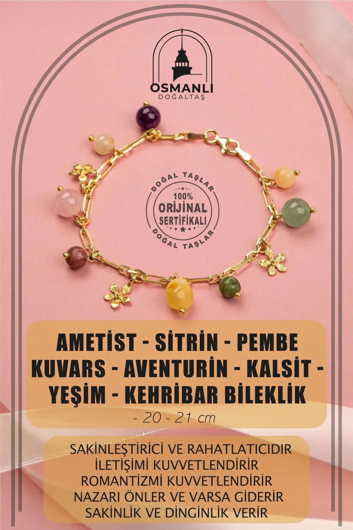 Ametist-Sitrin-Pembe Kuvars-Aventurin-Kalsit-Yeşim-Kehribar Doğal Taş Sarı Gümüş Bileklik