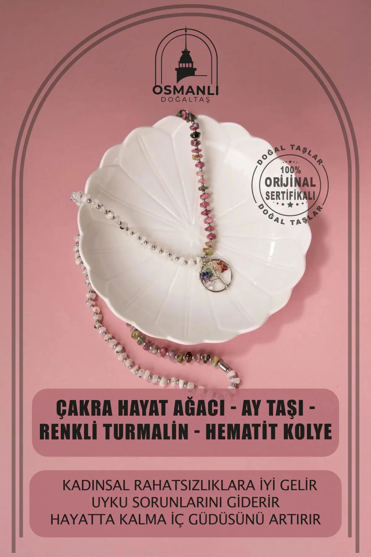 Çakra Hayat Ağacı-Ay Taşı-Renkli Turmalin Doğal Taş Kolye