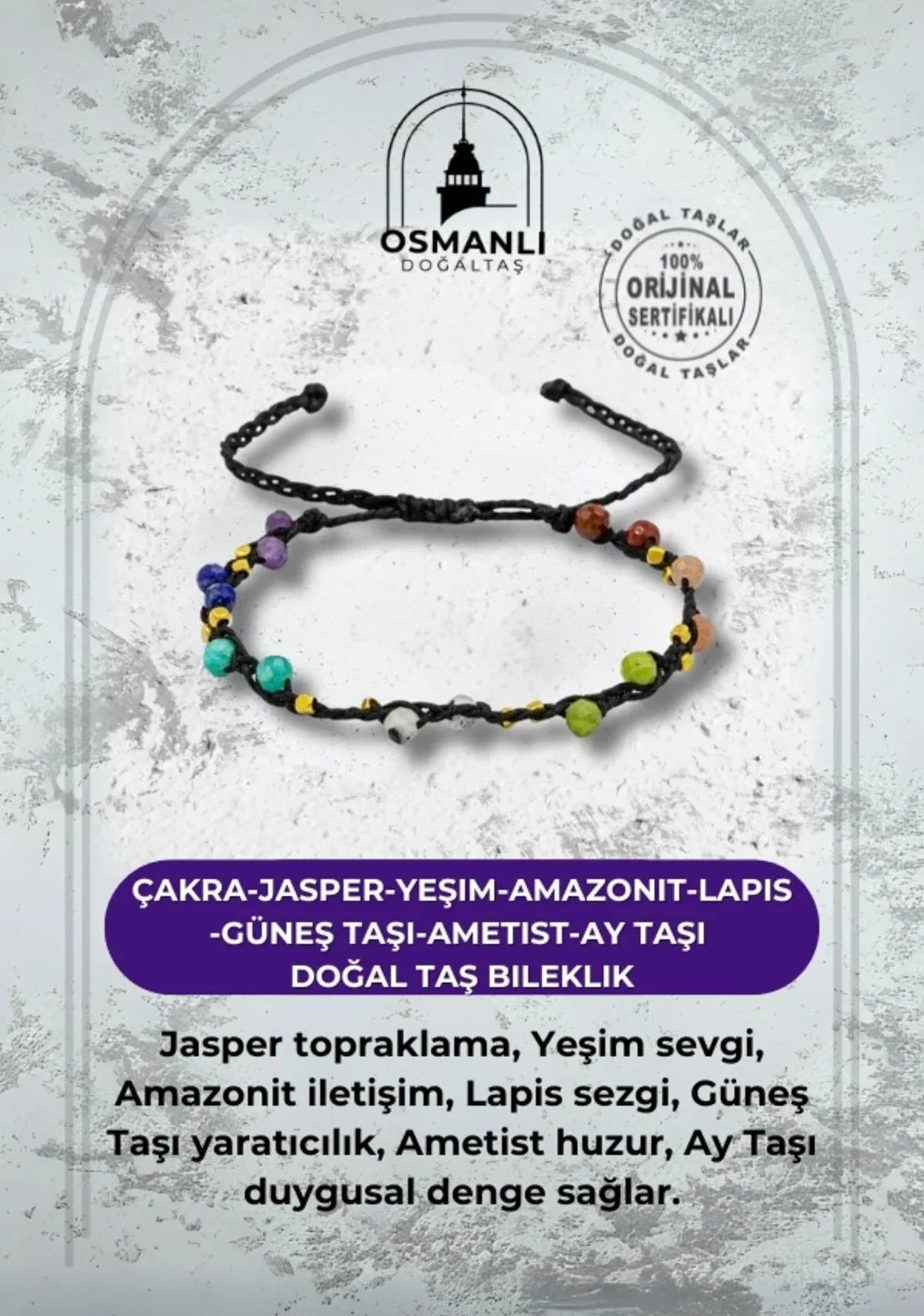 Çakra-Jasper-Yeşim-Amazonit-Lapis-Güneş Taşı-Ametist-Ay Taşı Doğal Taş Bileklik