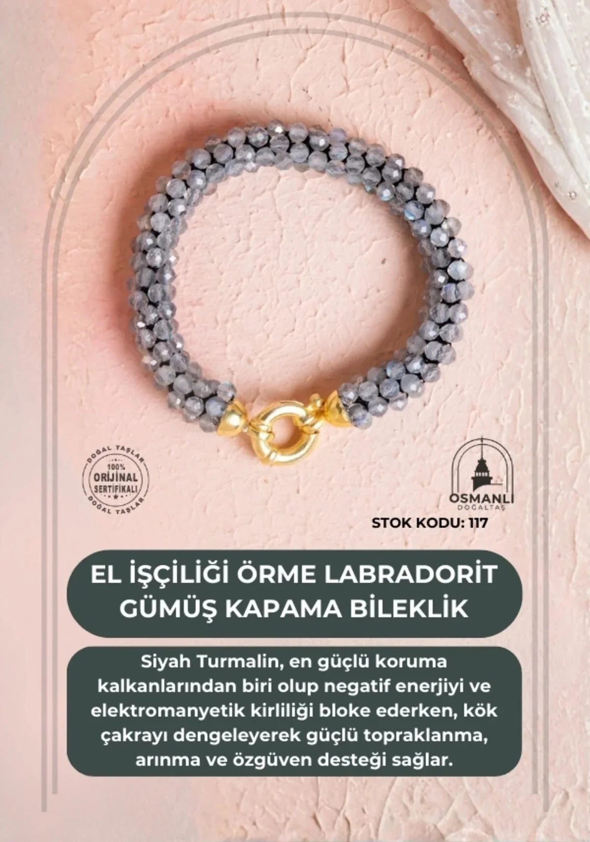 Sertifikalı El İşçiliği Örme Labradorit Gümüş Kapama Bileklik (SK:117)