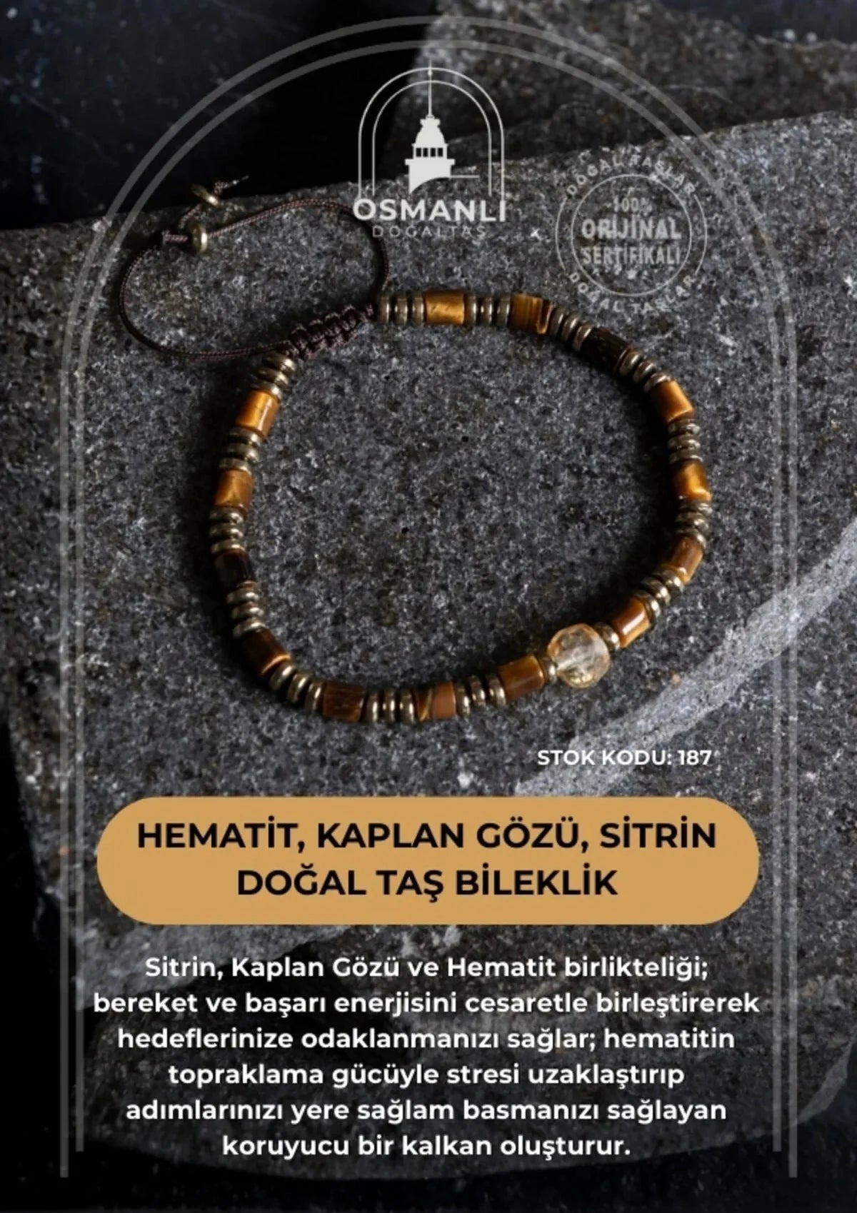 Sertifikalı Hematit, Kaplan Gözü ve Sitrin Doğal Taş Makrome Bileklik (SK:187)