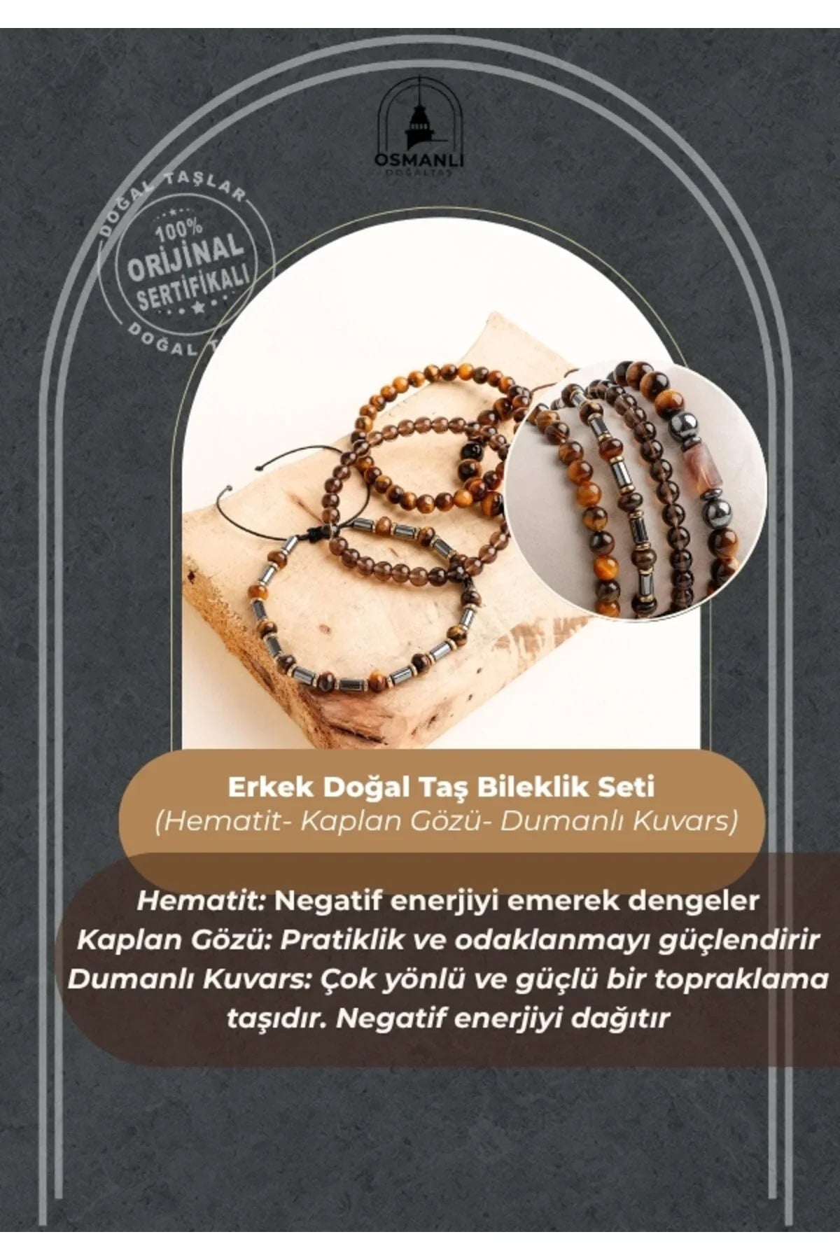 Hematit-Kaplan Gözü-Dumanlı Kuvars Erkek Doğal Taş Bileklik Seti