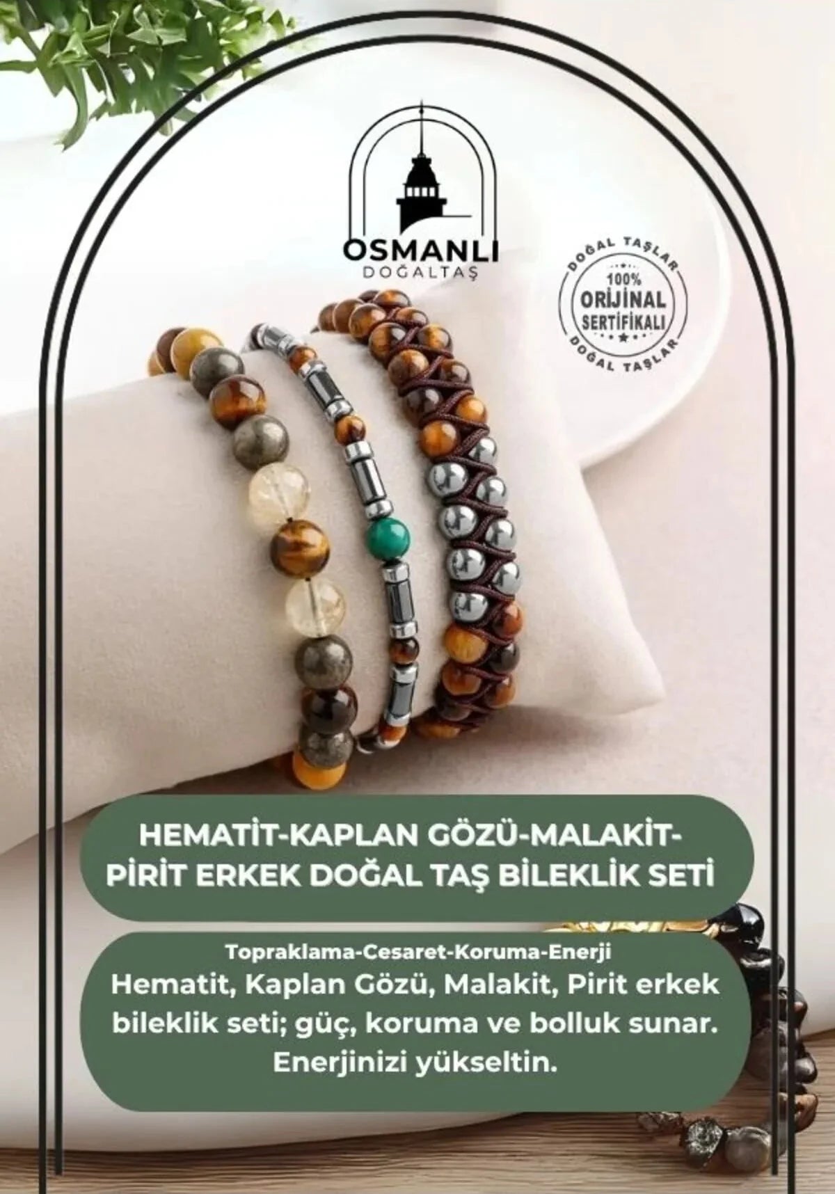 Hematit-Kaplan Gözü-Malakit-Pirit Erkek Doğal Taş Bileklik Seti