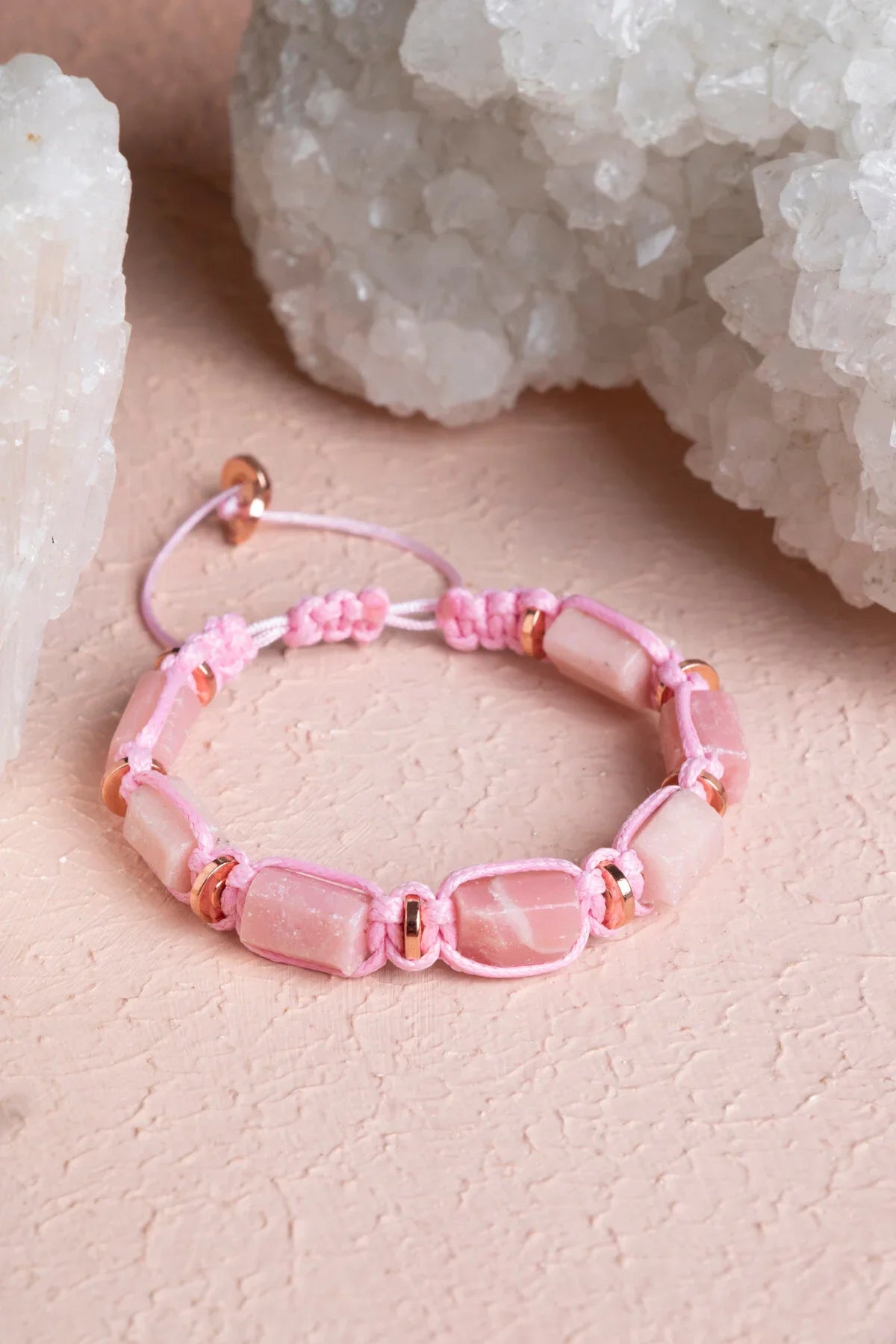 Sertifikalı Pembe Opal, Hematit Doğal Taş Makrome Bileklik