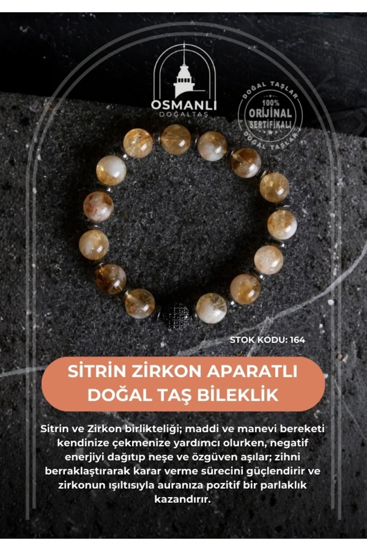 Sertifikalı Sitrin Zirkon Aparatlı Doğal Taş Bileklik (SK:164)
