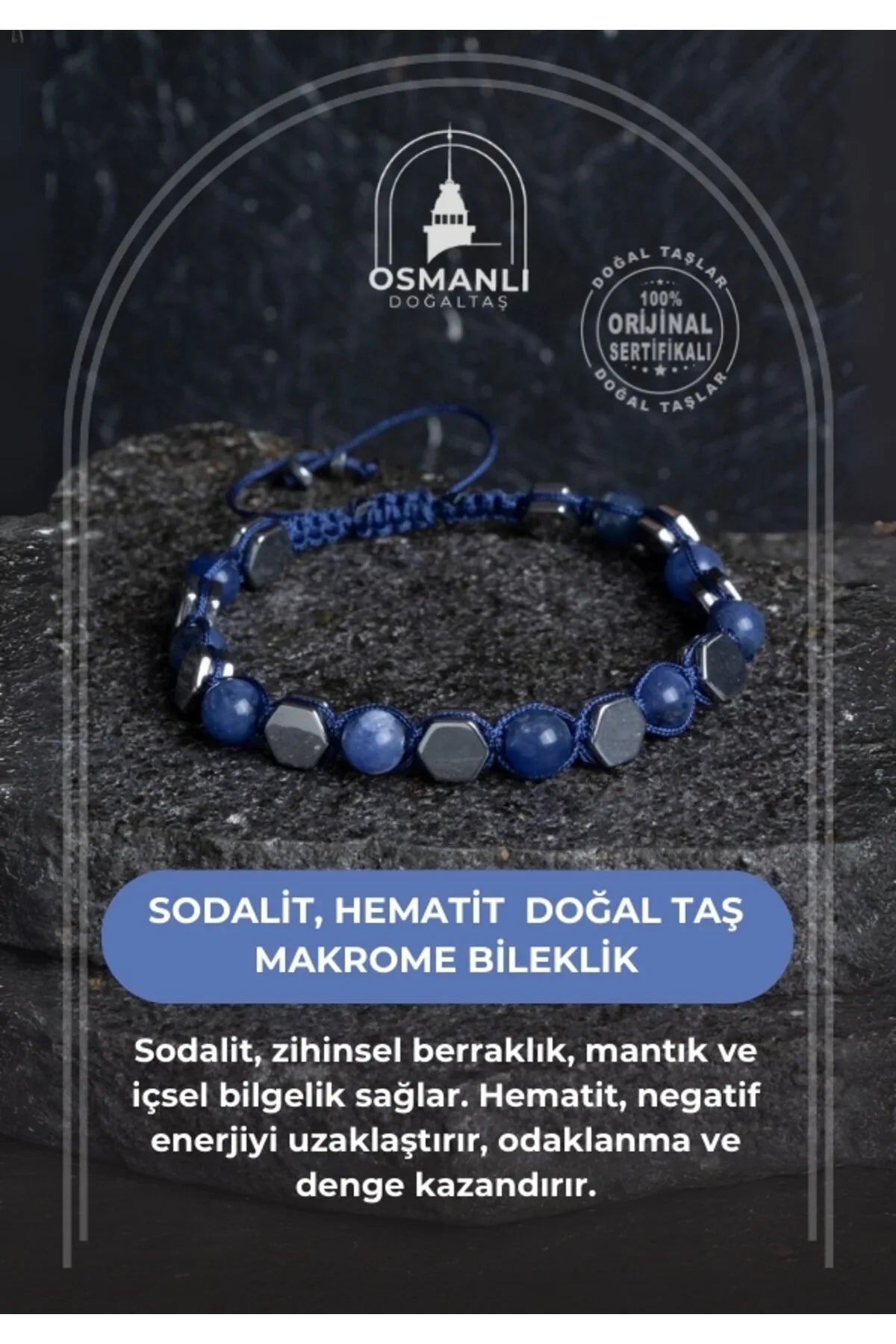 Sertifikalı Sodalit, Hematit Doğal Taş Makrome Bileklik
