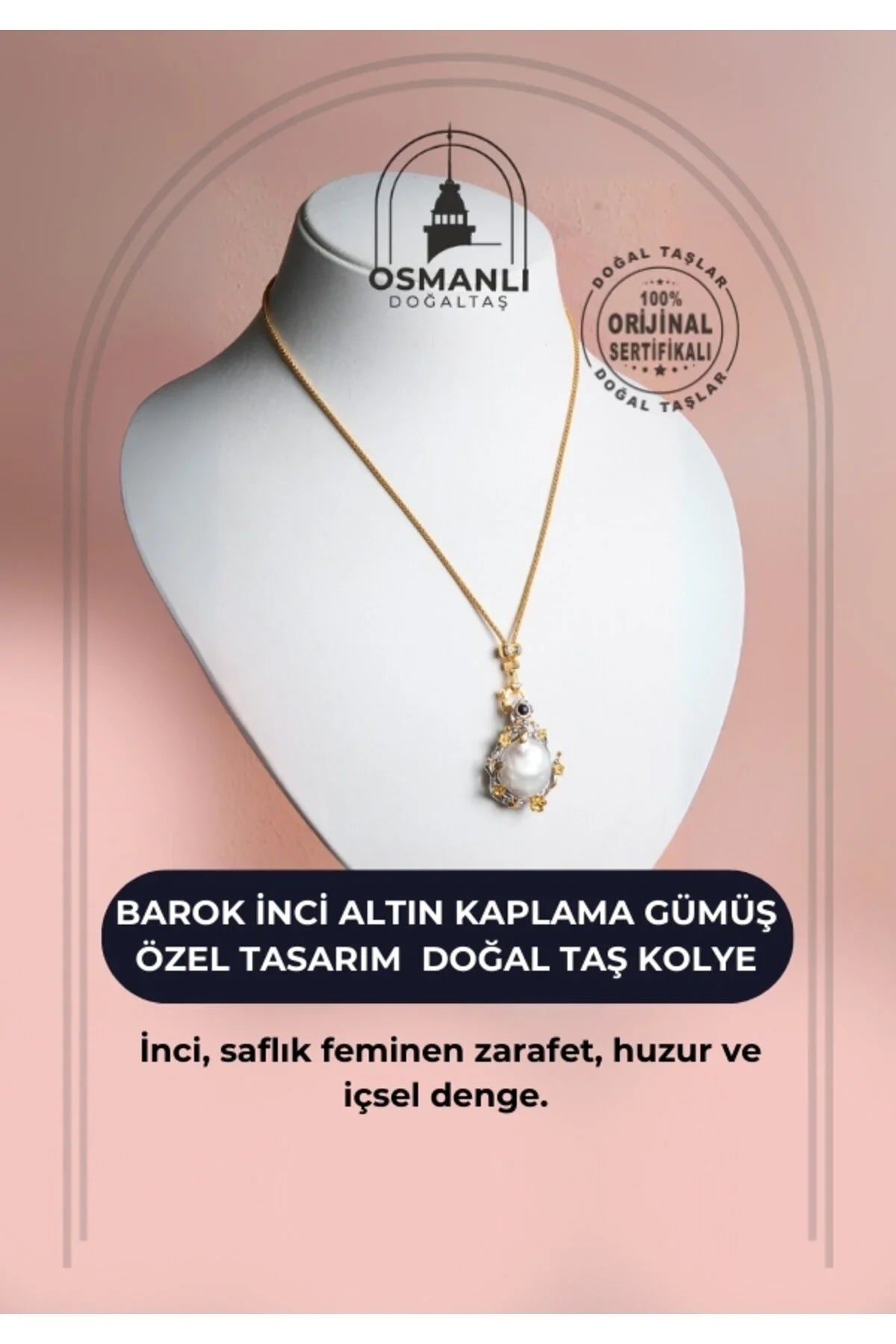 Sertifikalı Barok İnci Altın Kaplama Gümüş Özel Tasarım Doğal Taş Kolye