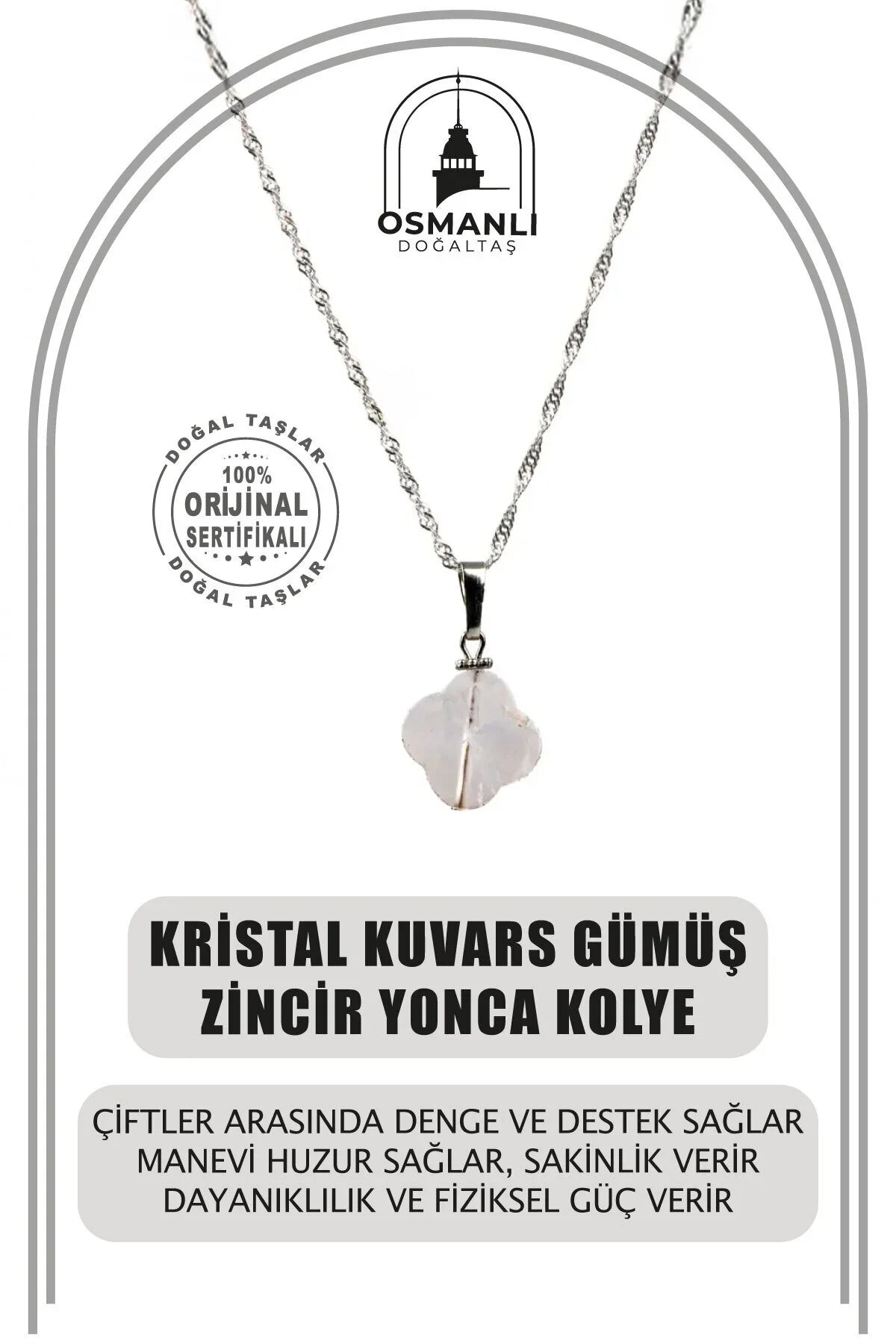 Kristal Kuvars Doğal Taş Gümüş Zincir Yonca Kolye