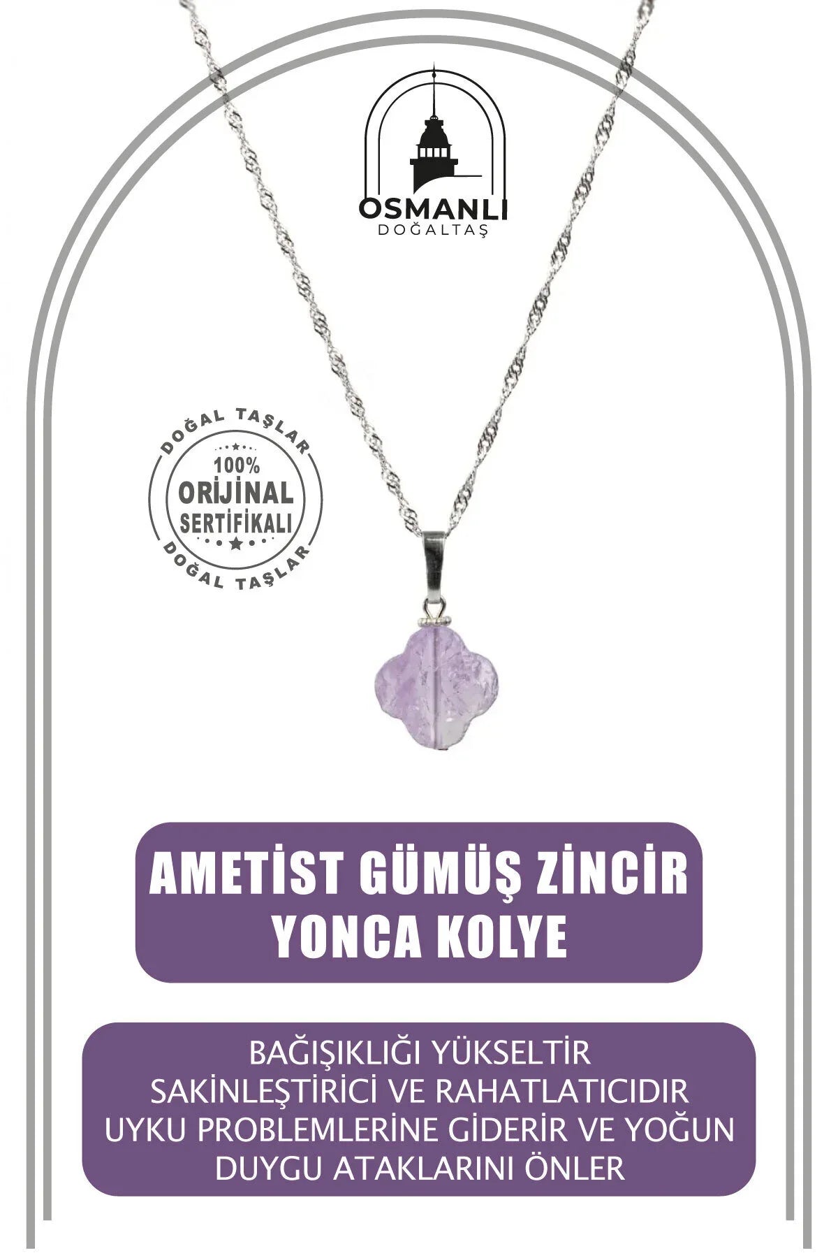 Ametist Doğal Taş Gümüş Zincir Yonca Kolye